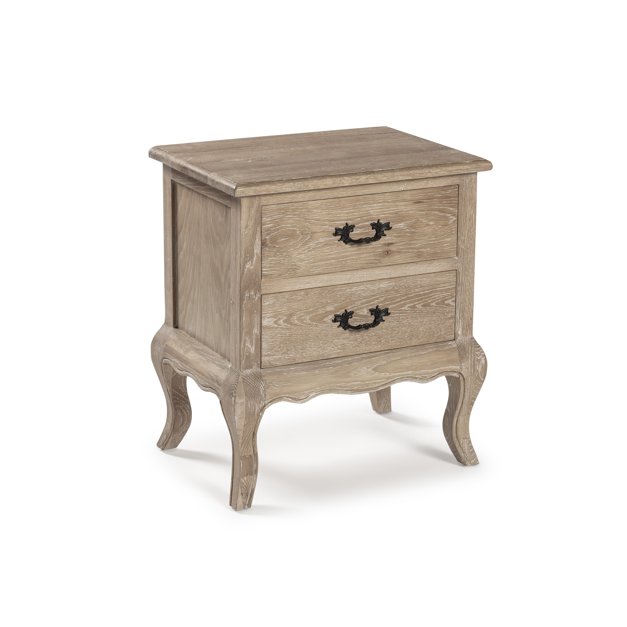 French Weathered Limed Oak Two Drawer Bedside Table