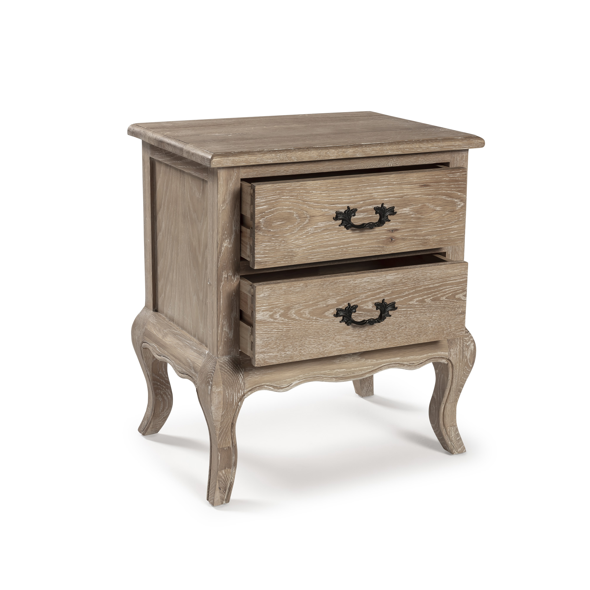 French Weathered Limed Oak Two Drawer Bedside Table