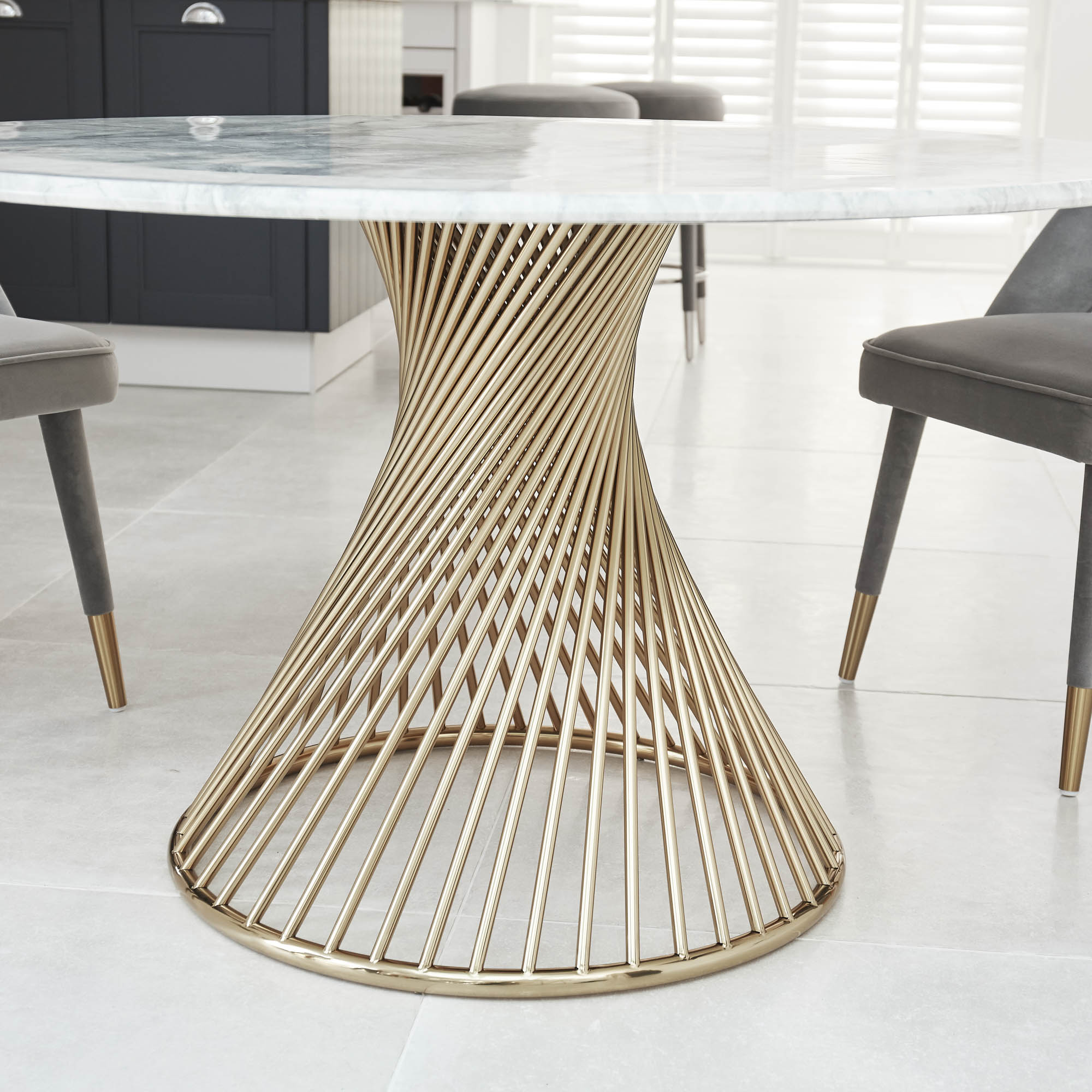 1.3M Cylinder Pedestal Circular Gold Stainless Steel Dining Table with a White Faux Marble Top