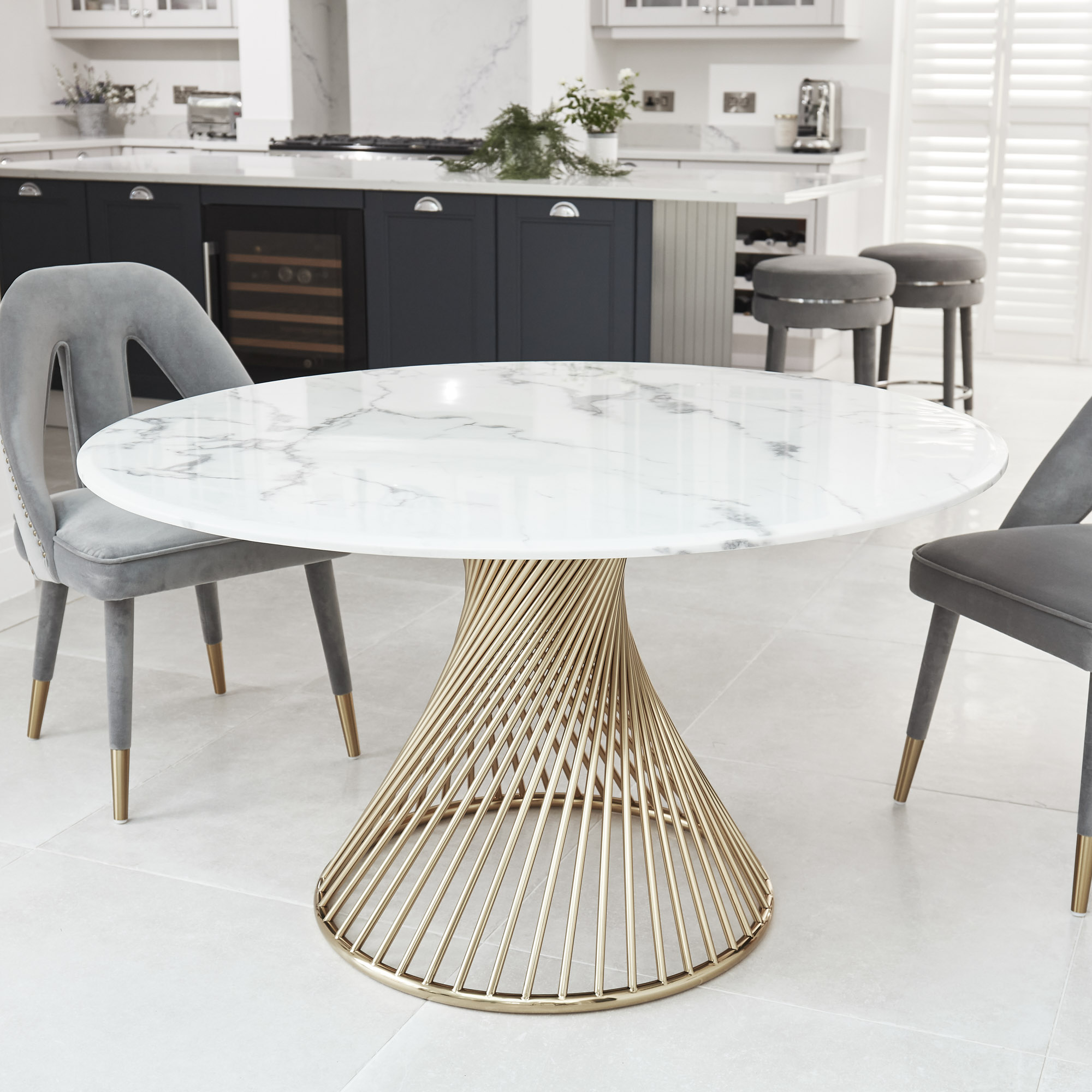 1.3M Cylinder Pedestal Circular Gold Stainless Steel Dining Table with a White Faux Marble Top