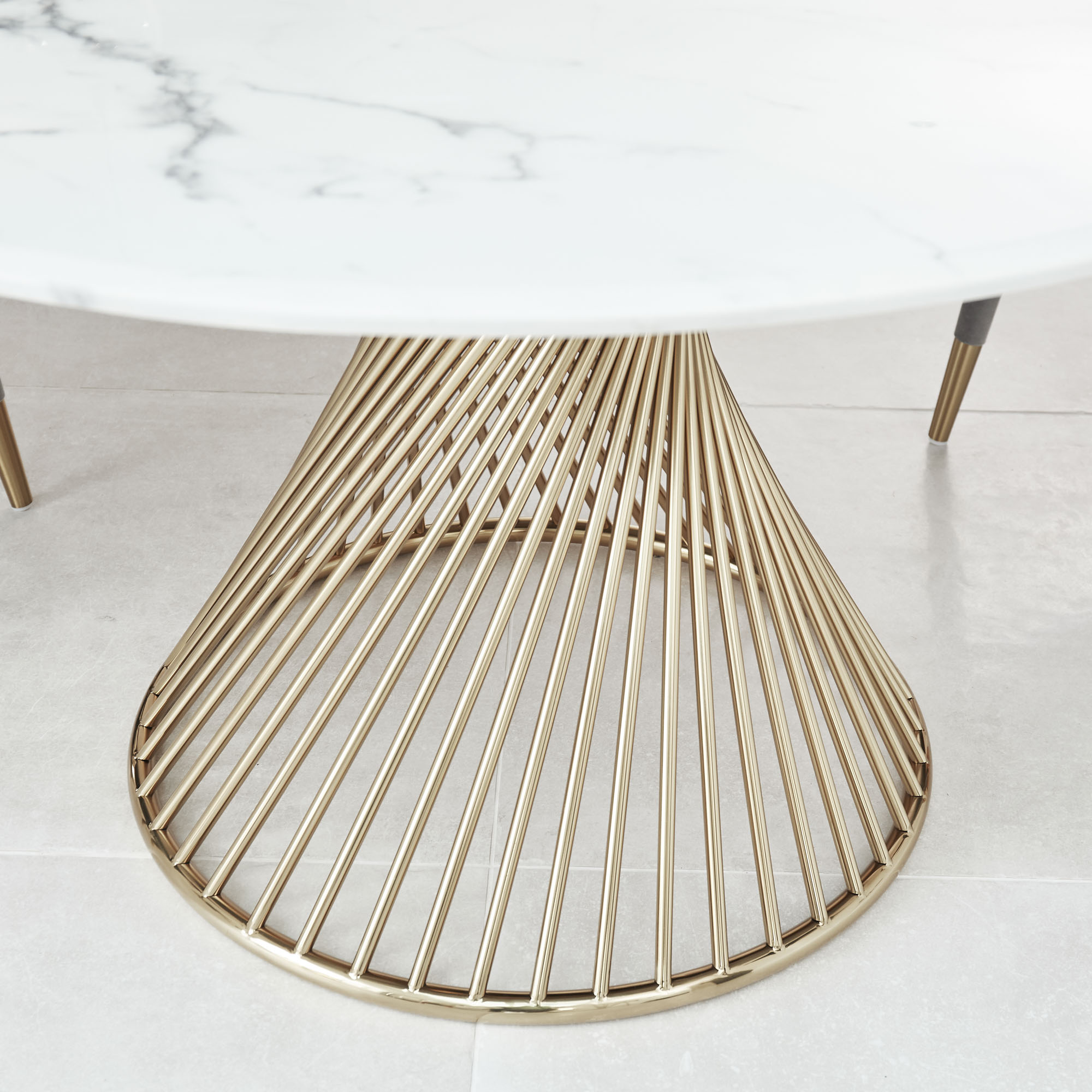 1.3M Cylinder Pedestal Circular Gold Stainless Steel Dining Table with a White Faux Marble Top