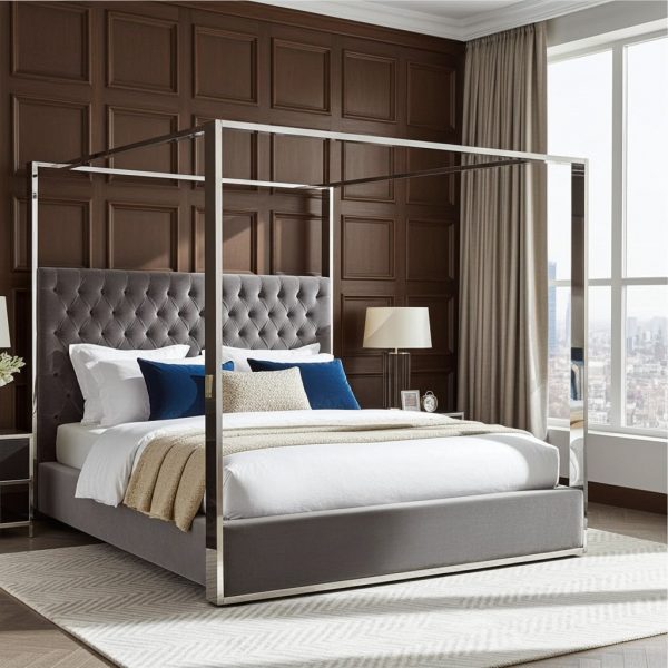 6ft Boston Super King Size Polished Steel Velvet Four Poster Bed