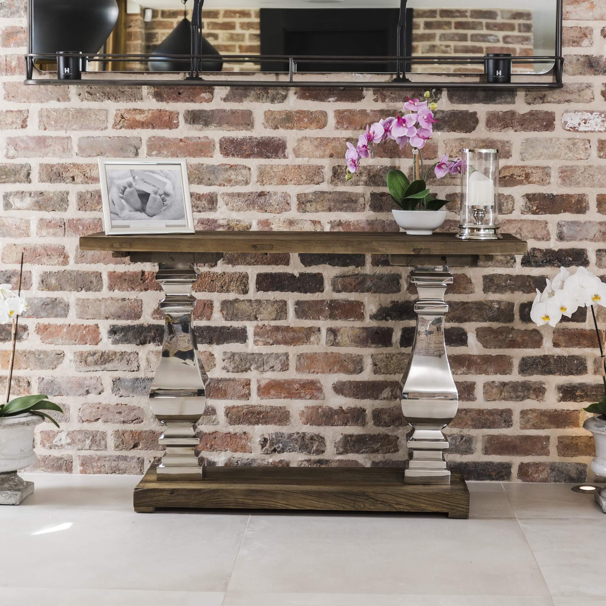 Aspen Reclaimed Elm Console Table With Stainless Steel Pillars