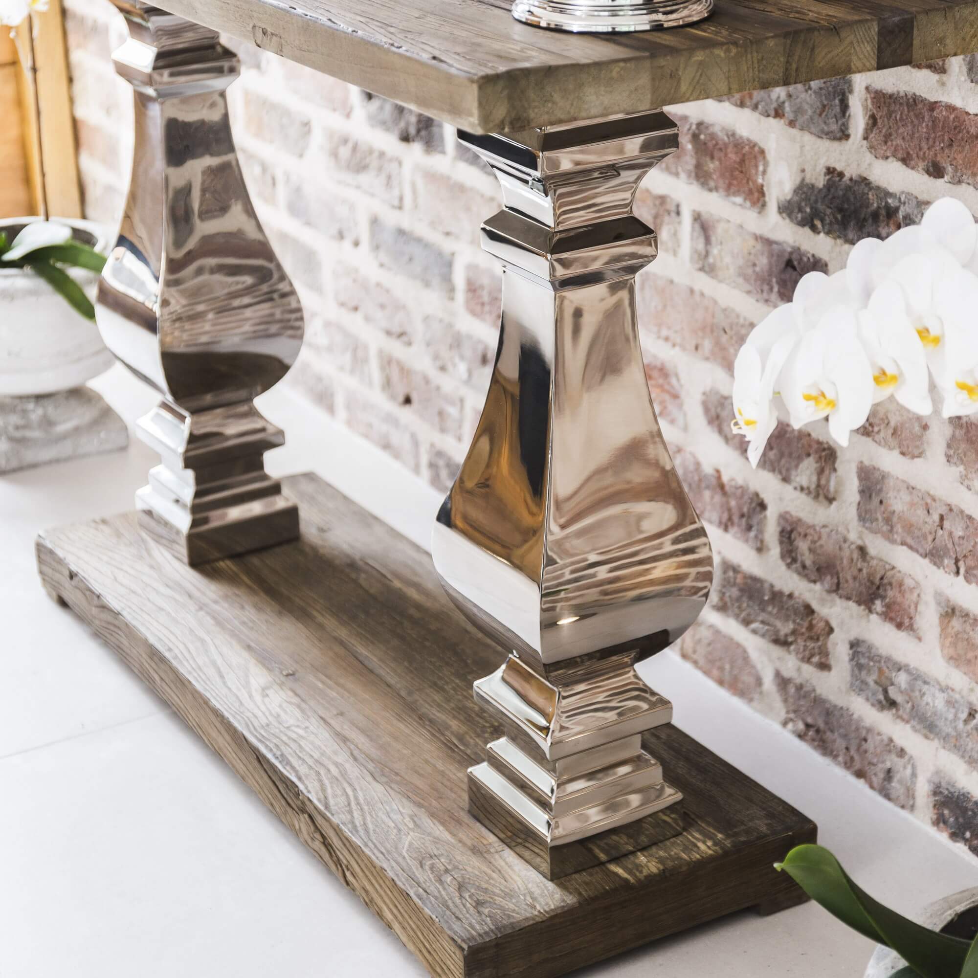 Aspen Reclaimed Elm Console Table With Stainless Steel Pillars