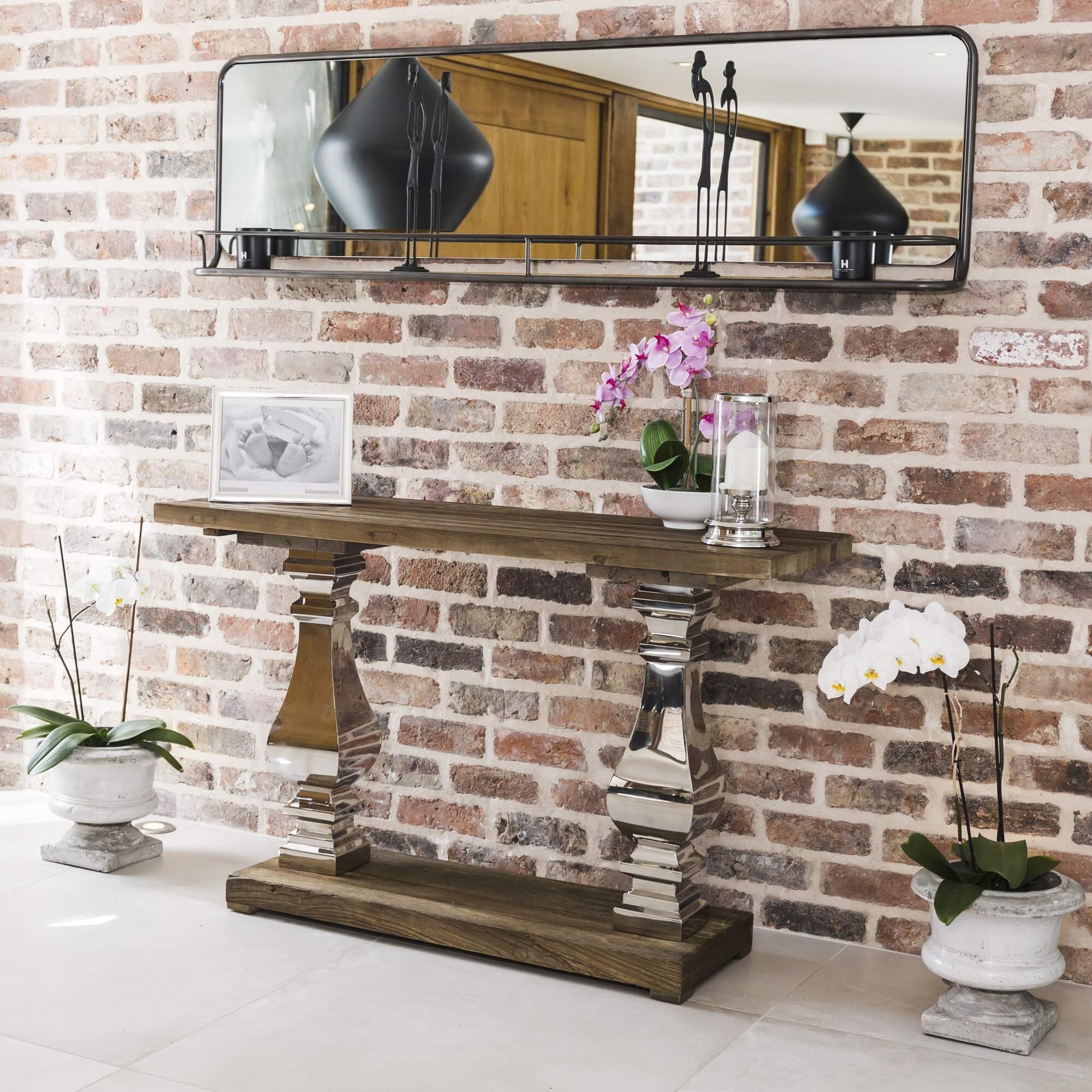 Aspen Reclaimed Elm Console Table With Stainless Steel Pillars