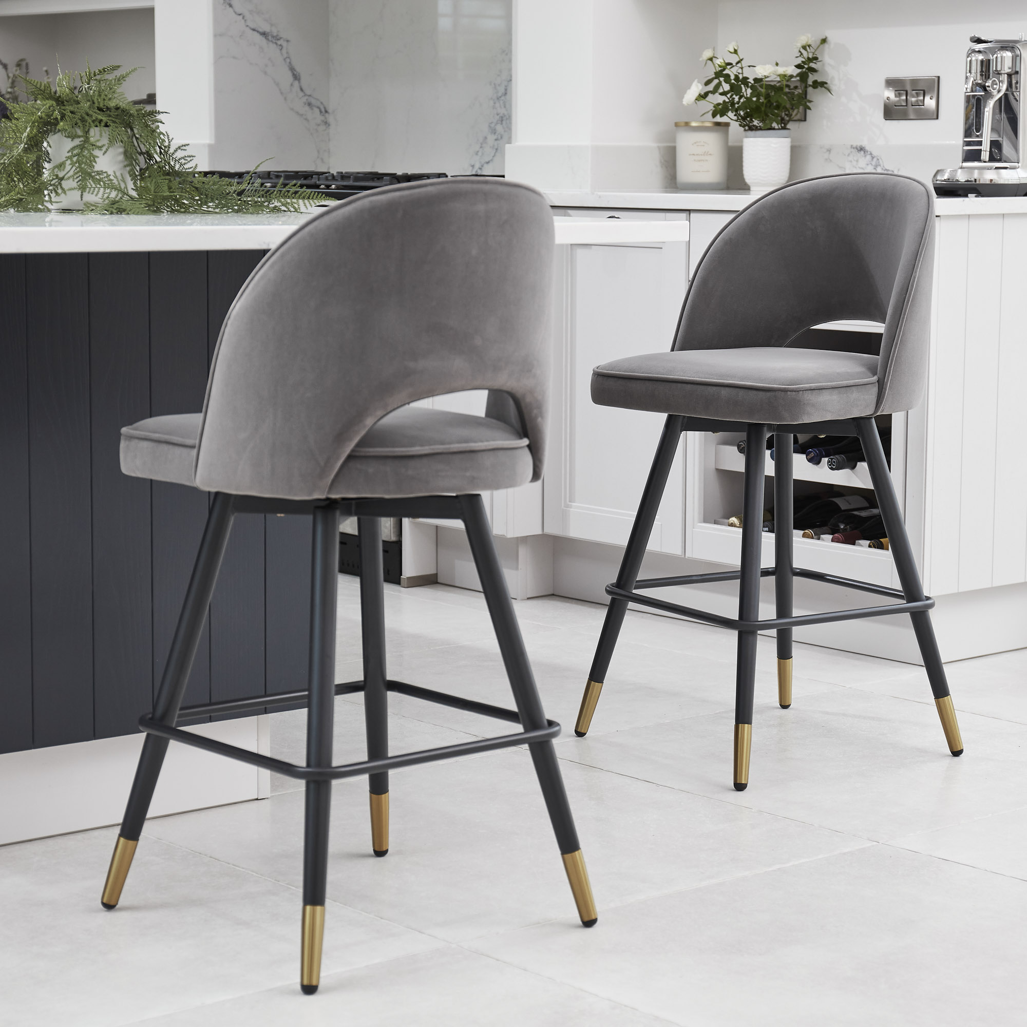 (Set of 2 ) Coco Grey Velvet Swivel Kitchen stools