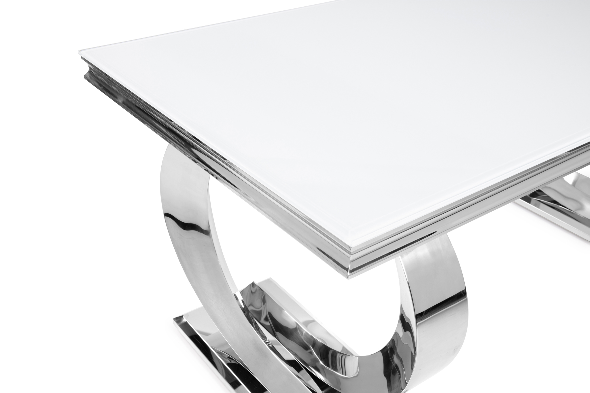 1.8M Pisa Polished Steel Dining Table with Set Glass Top in White