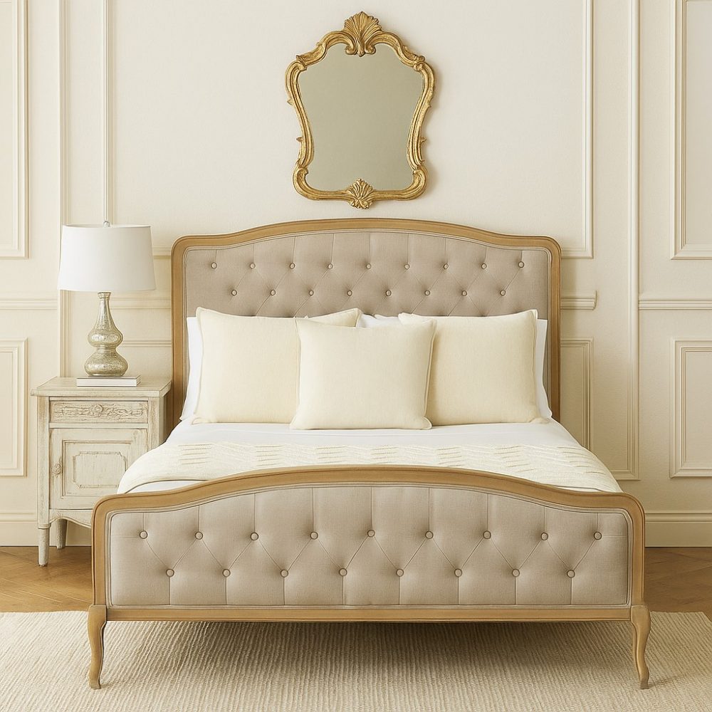Celeste French Oak Buttoned Upholstered High Foot Board Bed - King Size