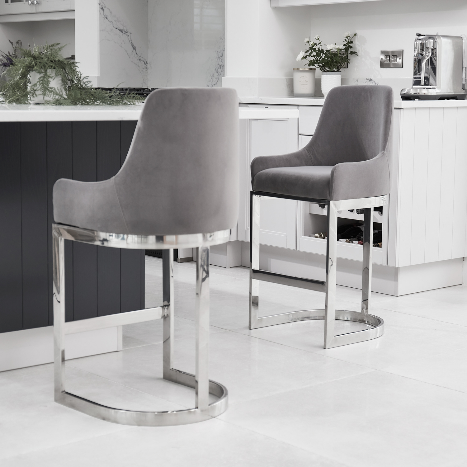 Clara Grey Velvet Kitchen Counter Stool with a Stainless Steel Frame