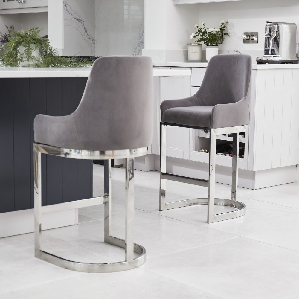 (Set of 2) Clara Grey Velvet Silver Counter Stool with a Stainless Steel Frame