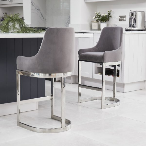 (Set of 2) Clara Grey Velvet Silver Counter Stool with a Stainless Steel Frame