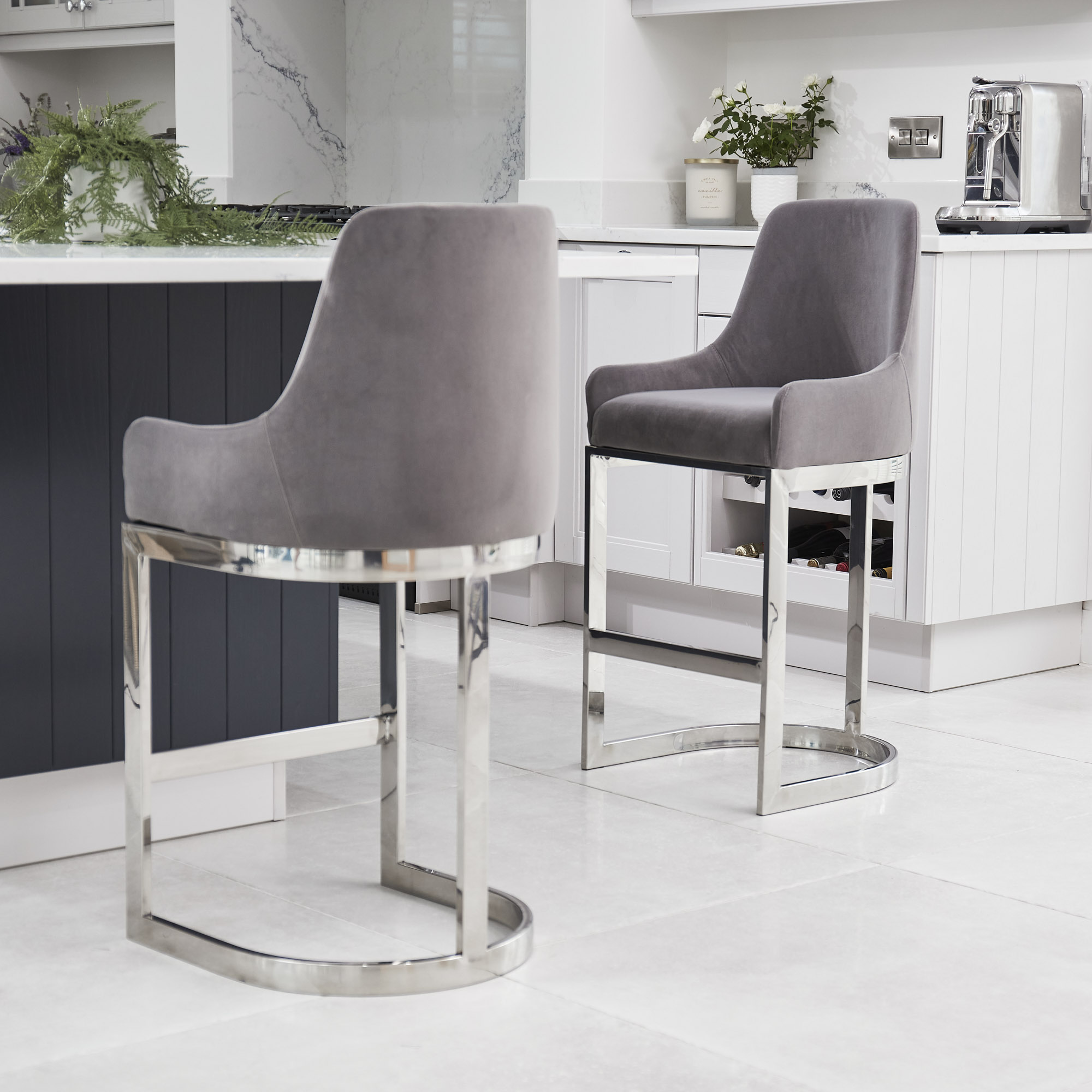 (Set of 2) Clara Grey Velvet Silver Counter Stool with a Stainless Steel Frame