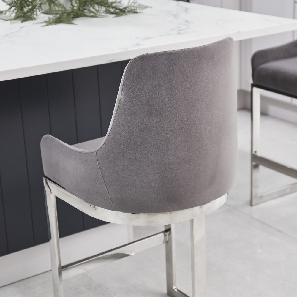 (Set of 2) Clara Grey Velvet Silver Counter Stool with a Stainless Steel Frame - Image 3
