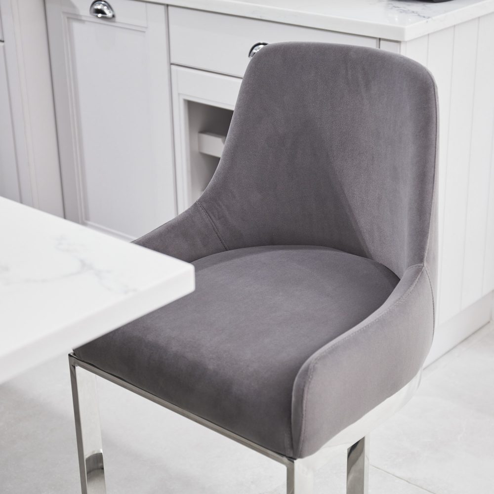 (Set of 2) Clara Grey Velvet Silver Counter Stool with a Stainless Steel Frame - Image 4