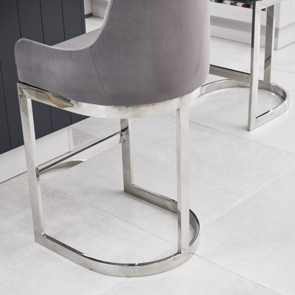 (Set of 2) Clara Grey Velvet Silver Counter Stool with a Stainless Steel Frame - Image 5