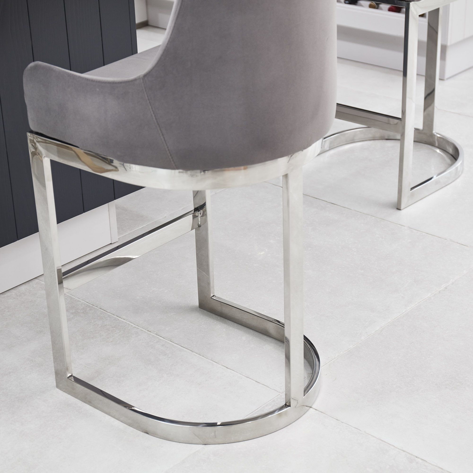 (Set of 2) Clara Grey Velvet Silver Counter Stool with a Stainless Steel Frame
