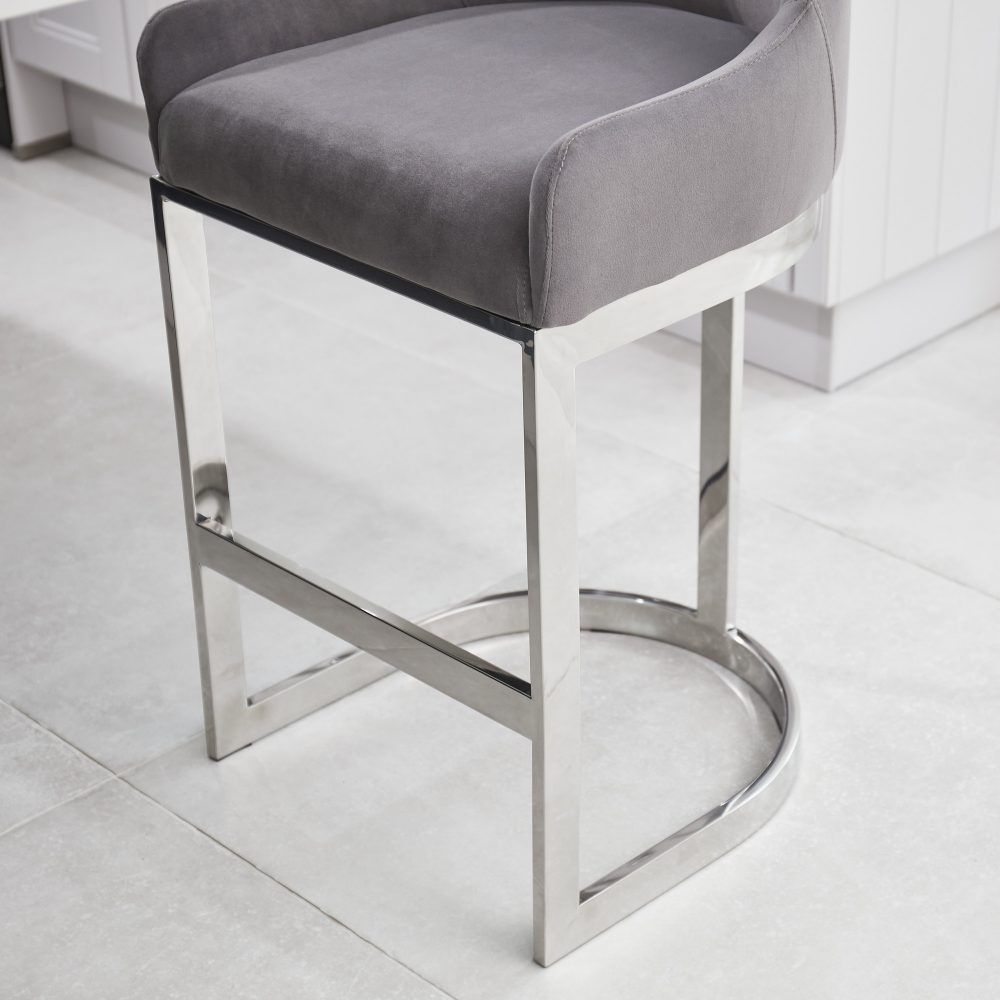 (Set of 2) Clara Grey Velvet Silver Counter Stool with a Stainless Steel Frame - Image 6