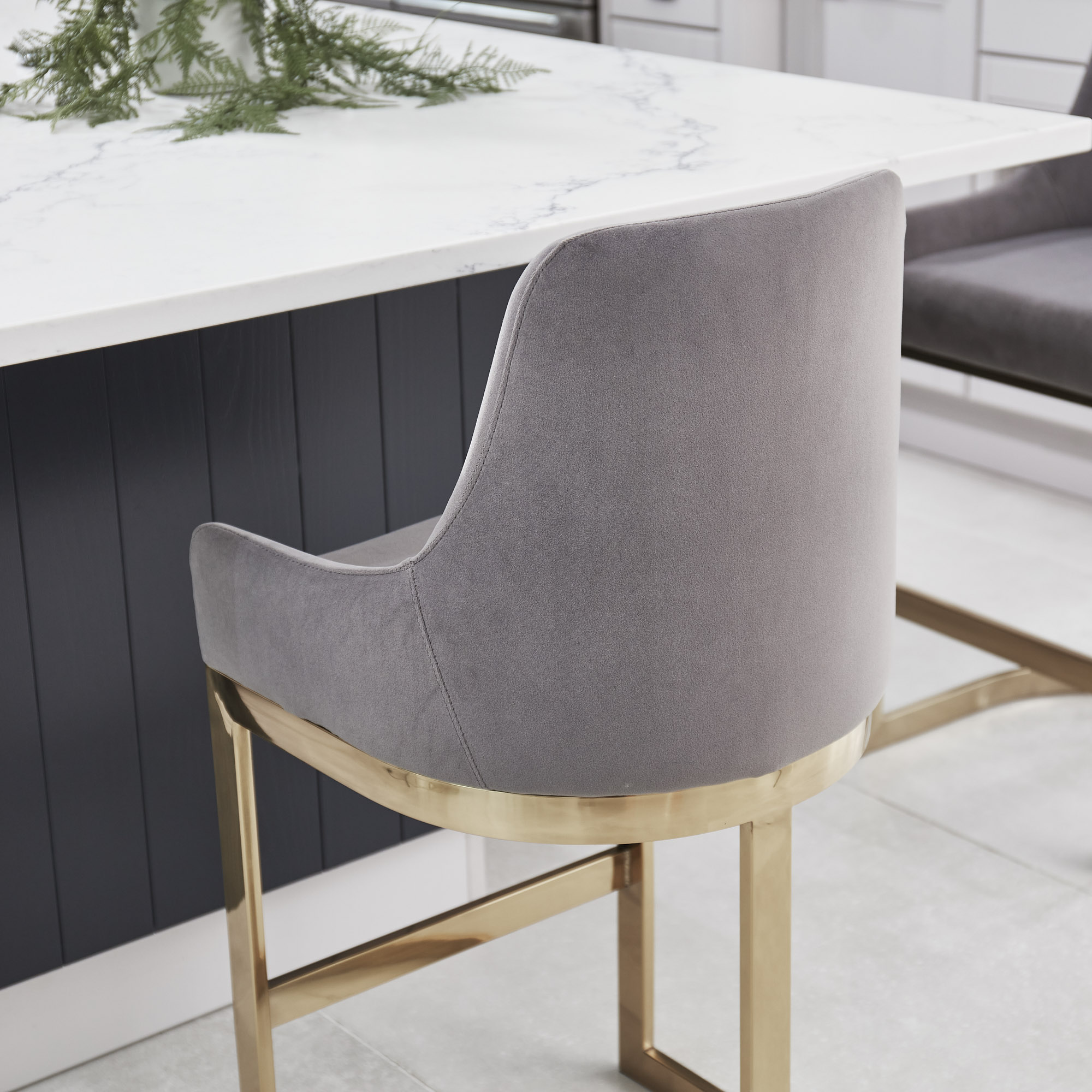 (Set of 2) Clara Grey Velvet Counter Stool with a Gold Stainless Steel Frame
