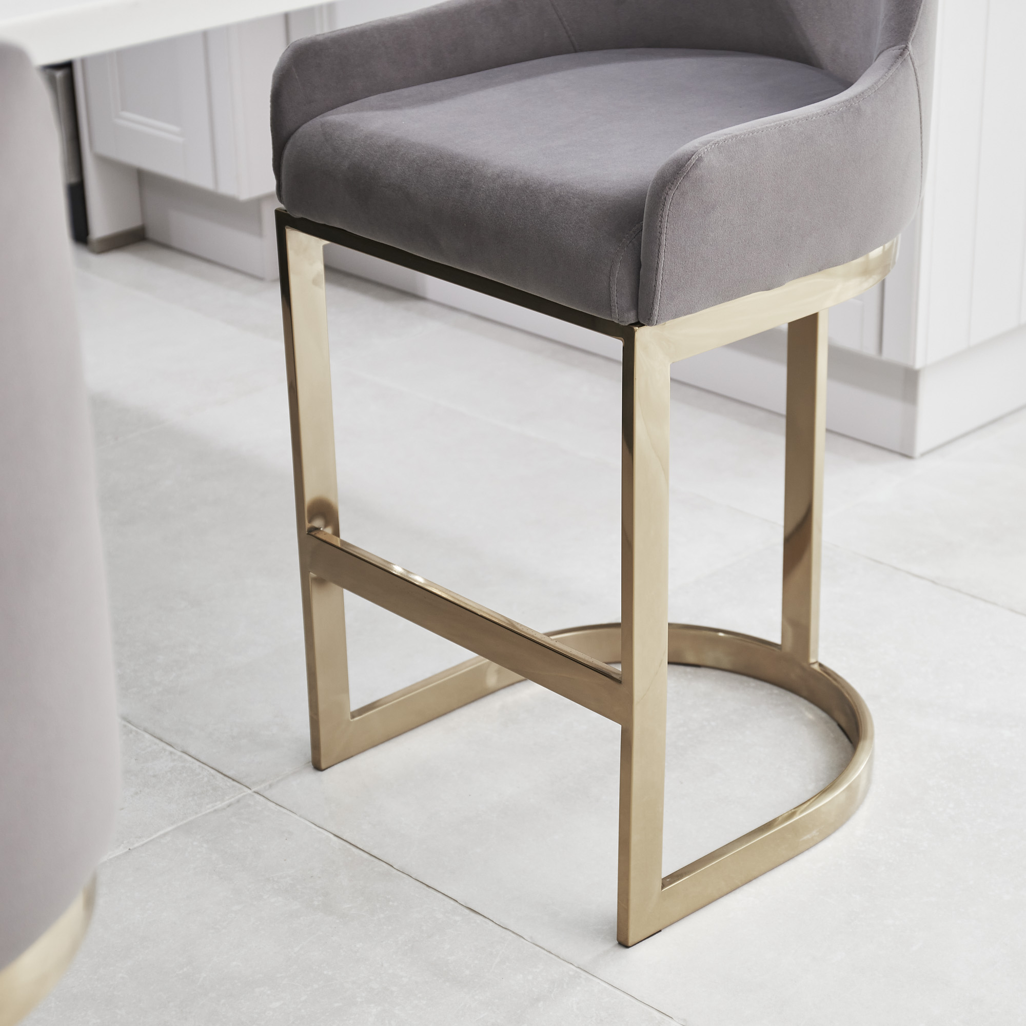 QTY 1 Clara Grey Velvet Counter Stool with a Gold Stainless Steel Frame