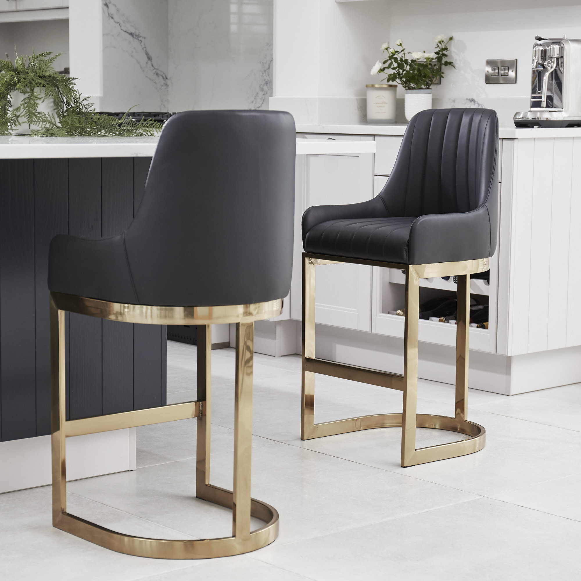 (Set of 2) Clara Black Upholstery Counter Stool with Gold Steel Frame