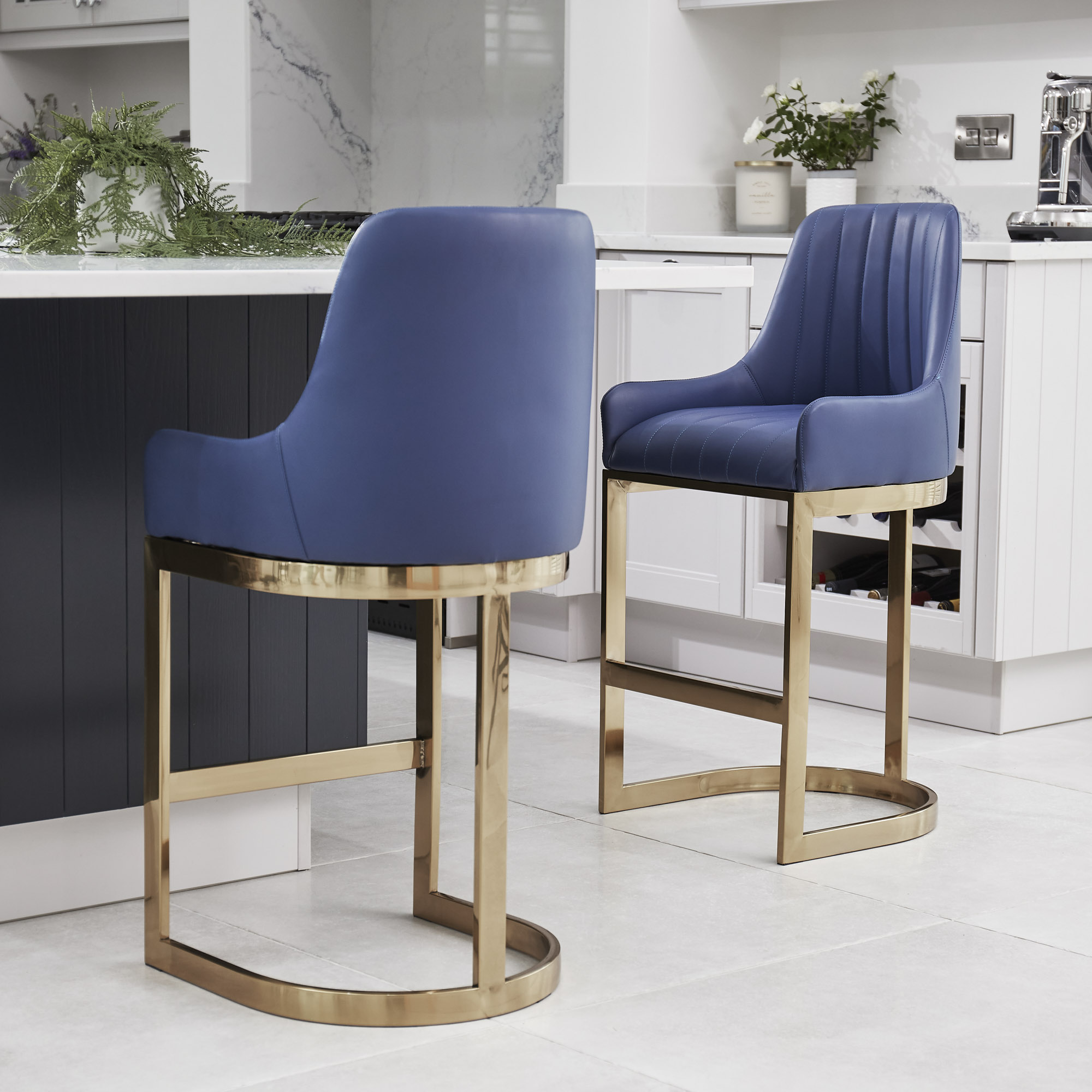 Clara Blue Upholstery Counter Stool with Gold Steel Frame