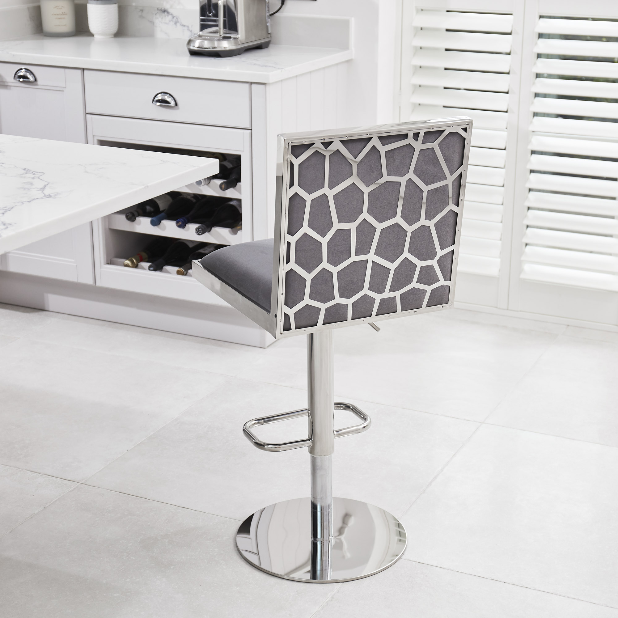 Mia Grey Velvet Barstool – Kitchen Stool – Gas Lift