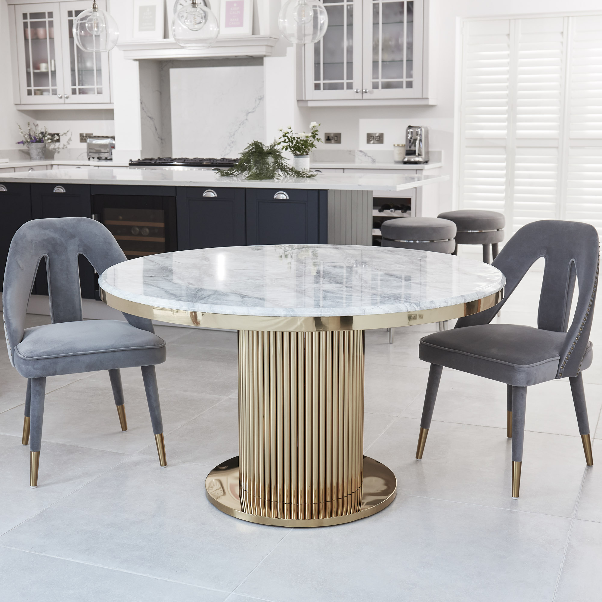 1.5M Circular Pedestal Gold Stainless Steel Dining Table with a Grey Marble Effect