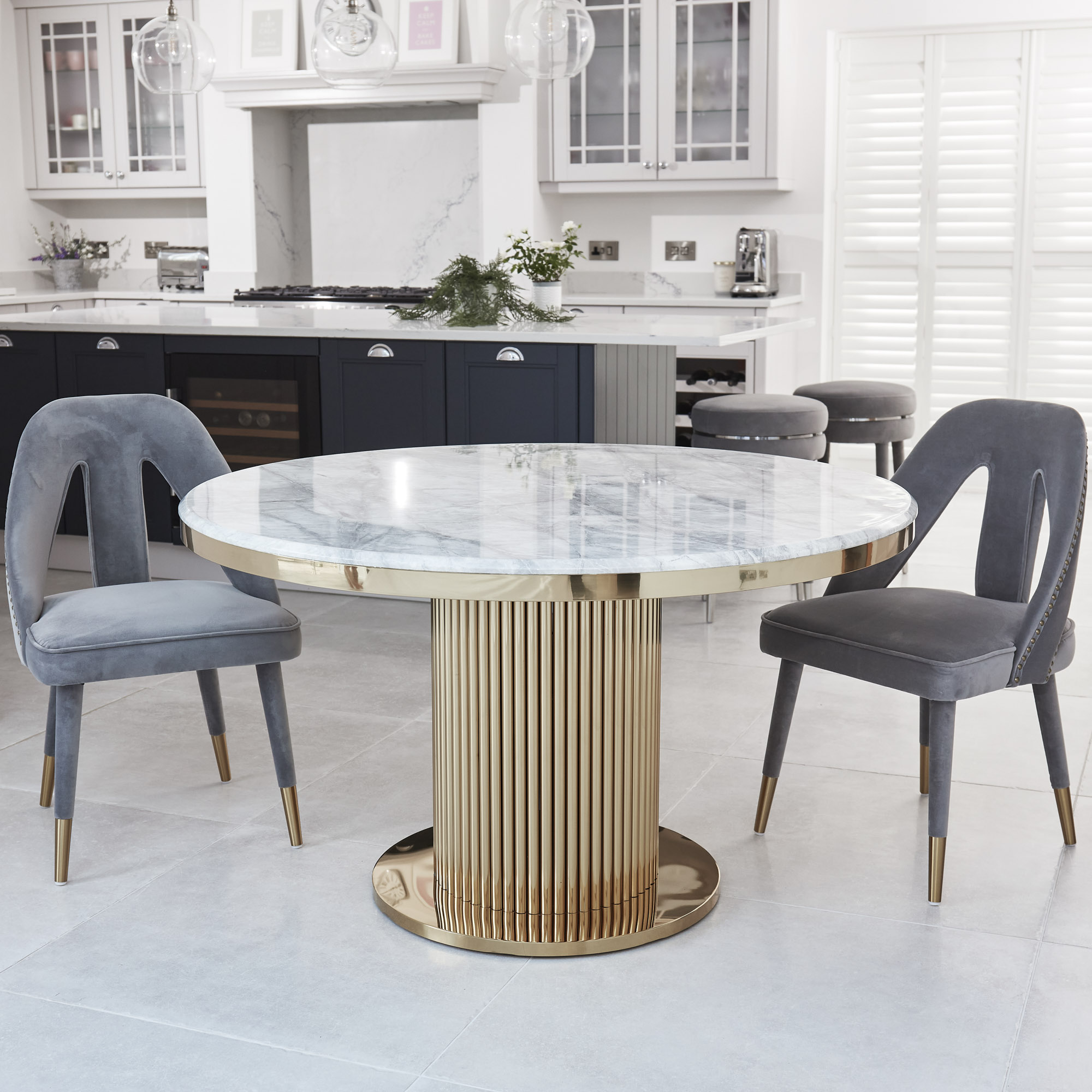 1.3M Circular Pedestal Gold Stainless Steel Dining Table with a Grey Marble Effect