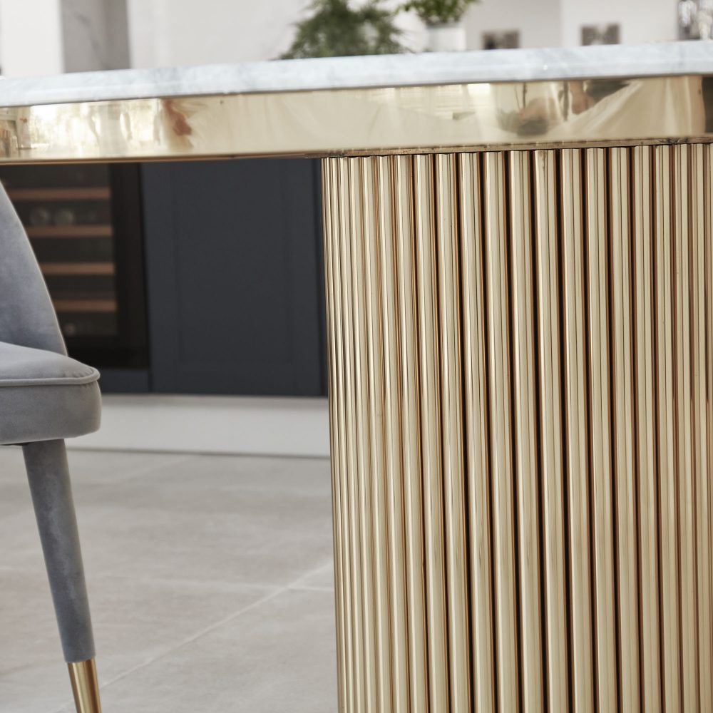 1.5M Circular Pedestal Gold Stainless Steel Dining Table with a Grey Marble Effect - Image 3