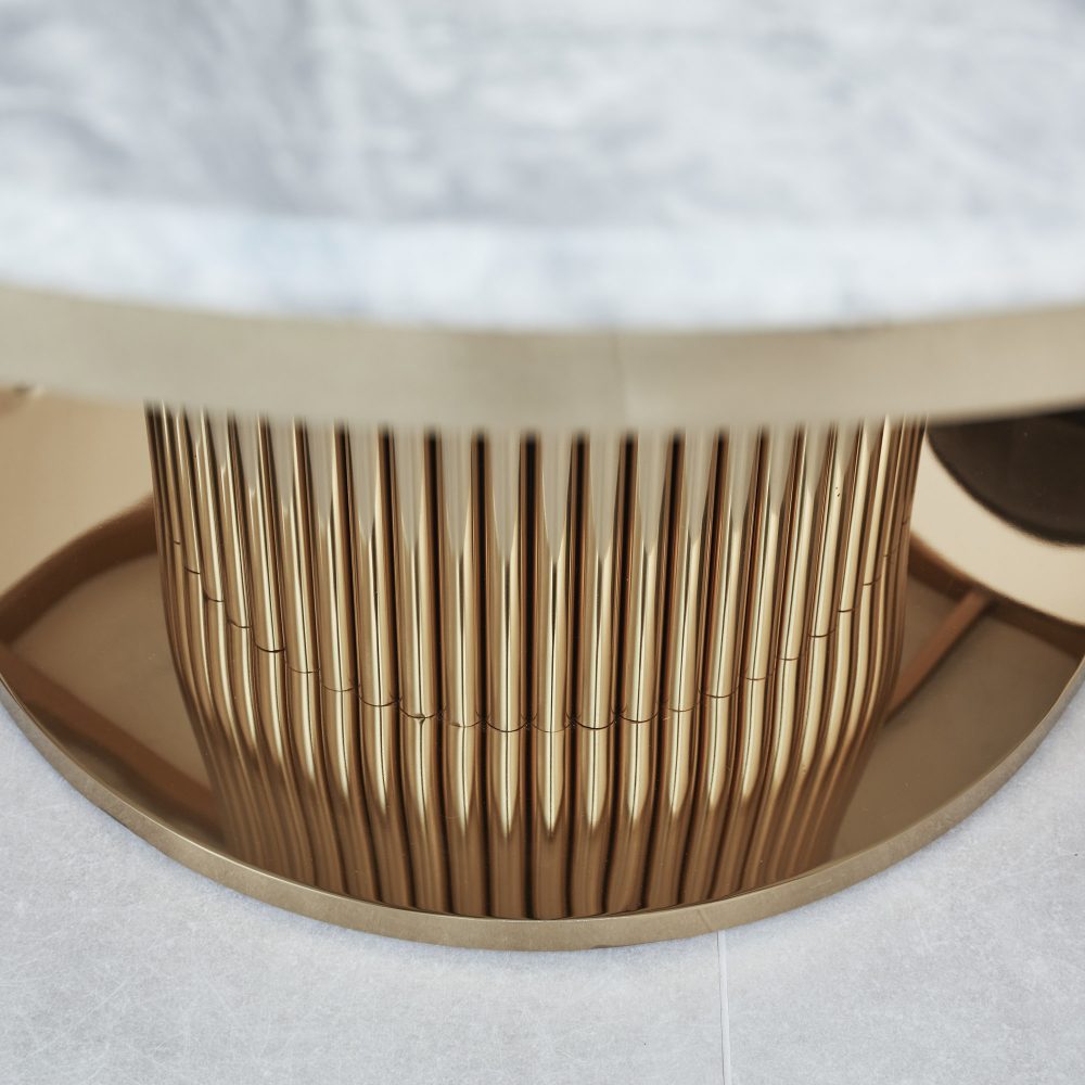 1.5M Circular Pedestal Gold Stainless Steel Dining Table with a Grey Marble Effect - Image 6