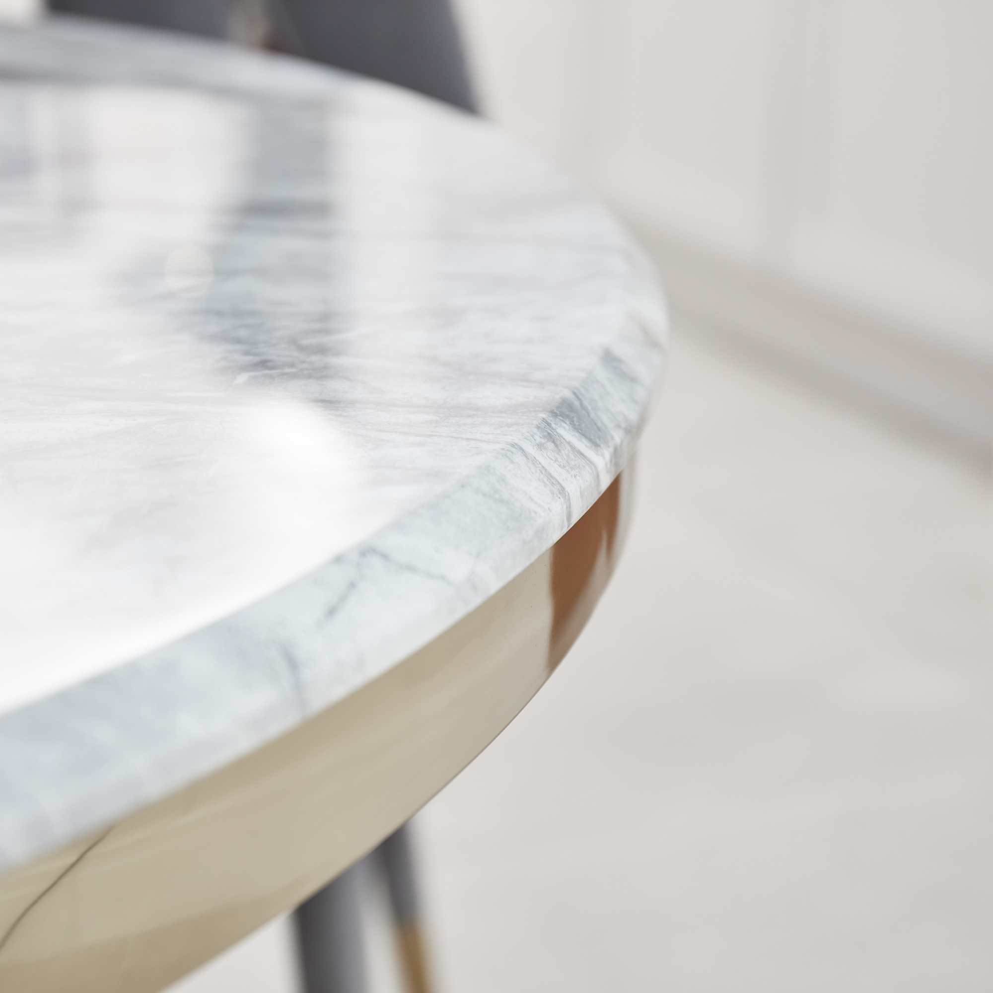 1.3M Circular Pedestal Gold Stainless Steel Dining Table with a Grey Marble Effect