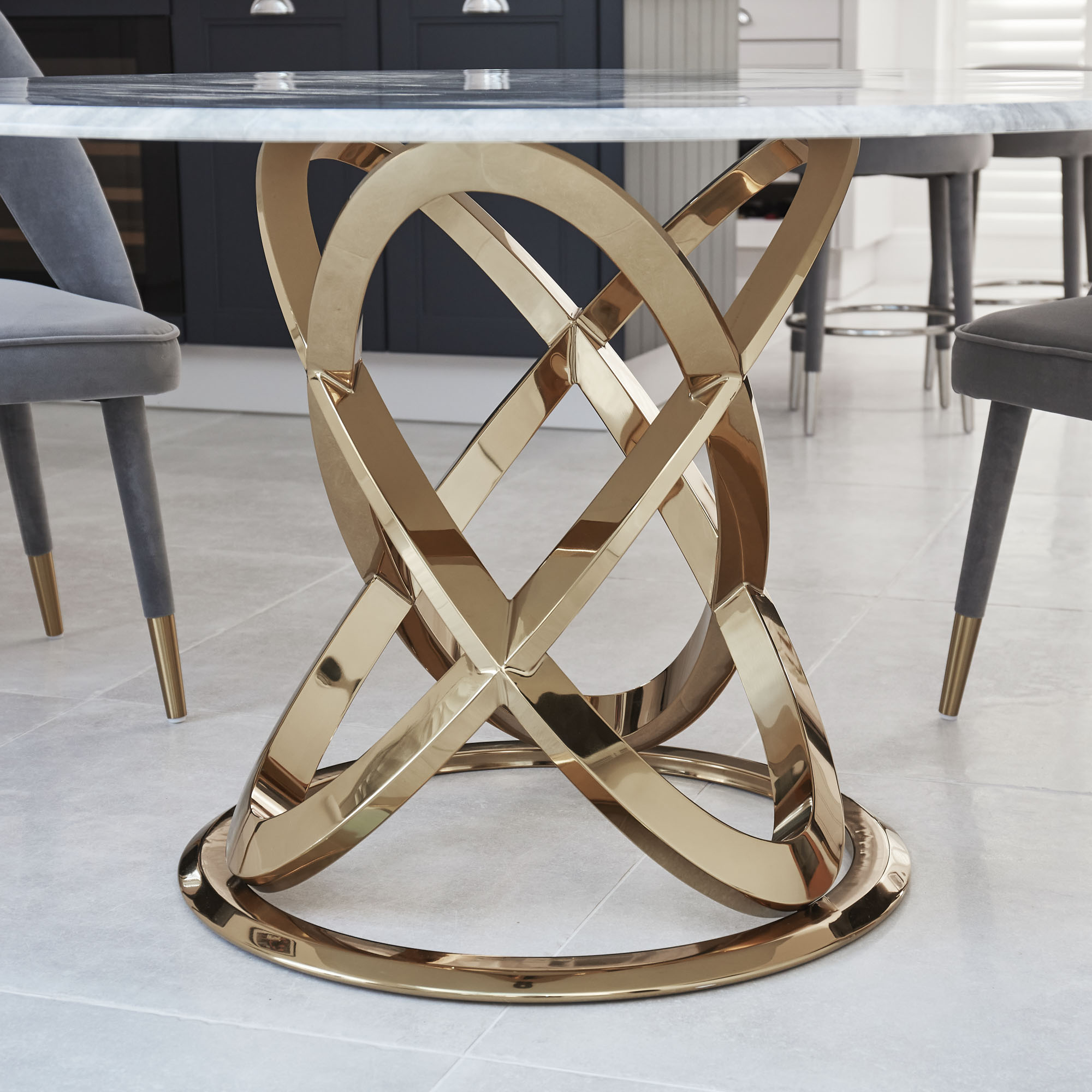 1.3M Circular Pedestal Gold Polished Stainless Steel Dining Table with Grey Marble Effect
