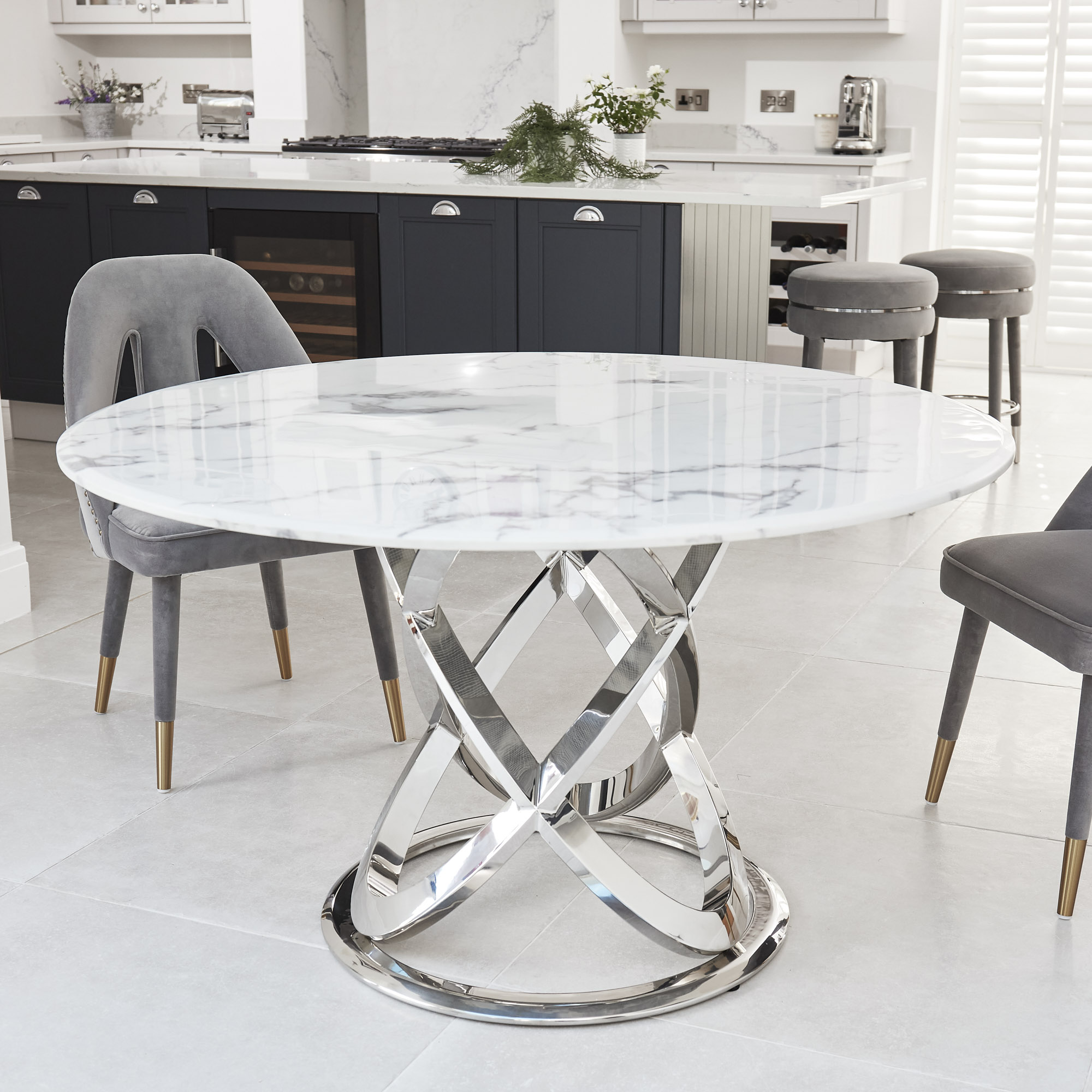 1.3M Pedestal Polished Circular Stainless Steel Dining Table with White Marble Effect