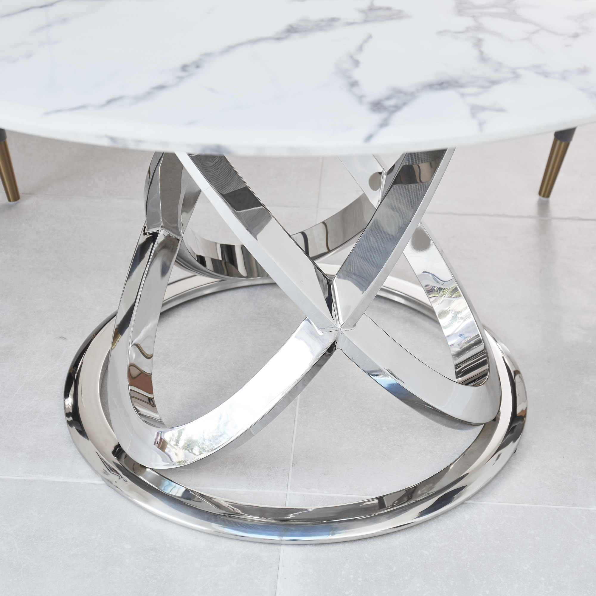 1.3M Pedestal Polished Circular Stainless Steel Dining Table with White Marble Effect