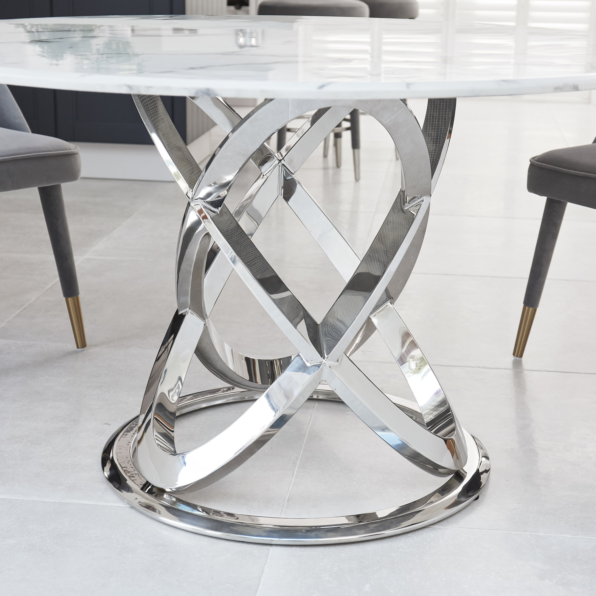 1.3M Pedestal Polished Circular Stainless Steel Dining Table with White Marble Effect