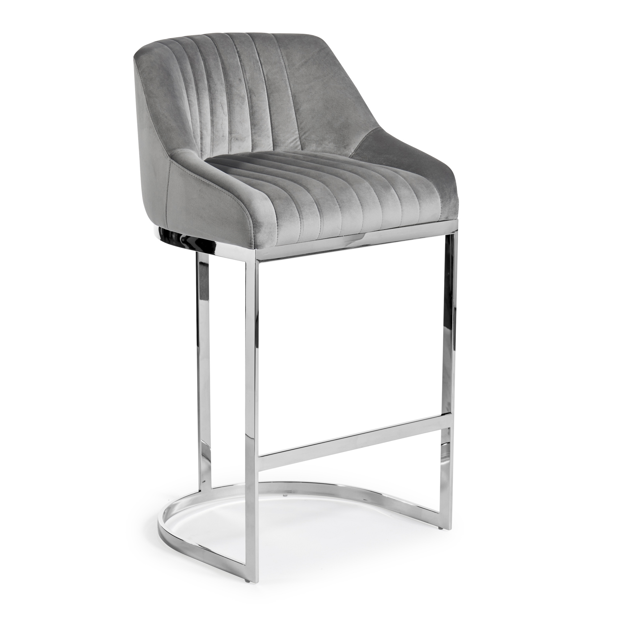 Barcelona Grey Velvet Kitchen Counter Stool with a Stainless Steel Frame