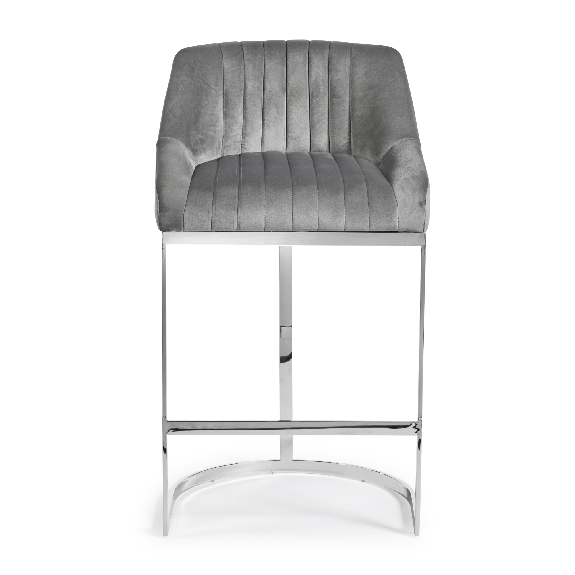 Barcelona Grey Velvet Kitchen Counter Stool with a Stainless Steel Frame