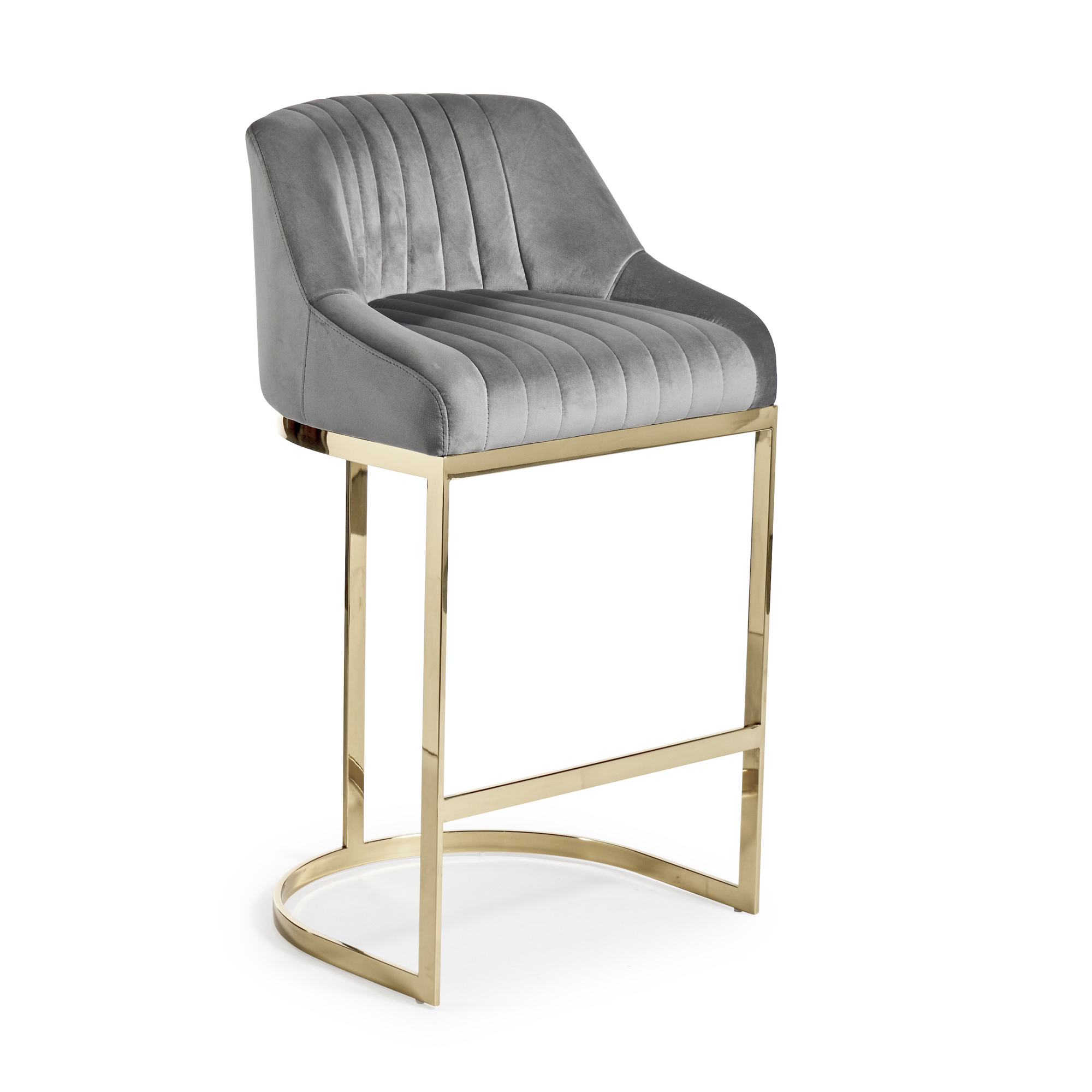 Barcelona Grey Velvet Kitchen Counter Stool with a Gold Stainless Steel Frame