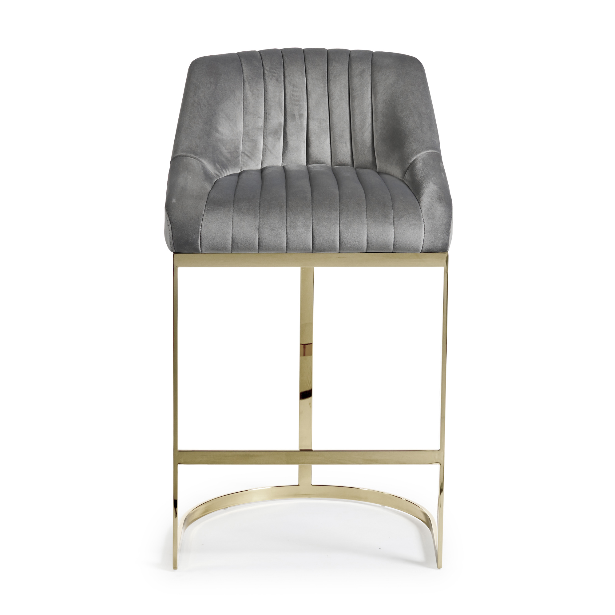 Barcelona Grey Velvet Kitchen Counter Stool with a Gold Stainless Steel Frame