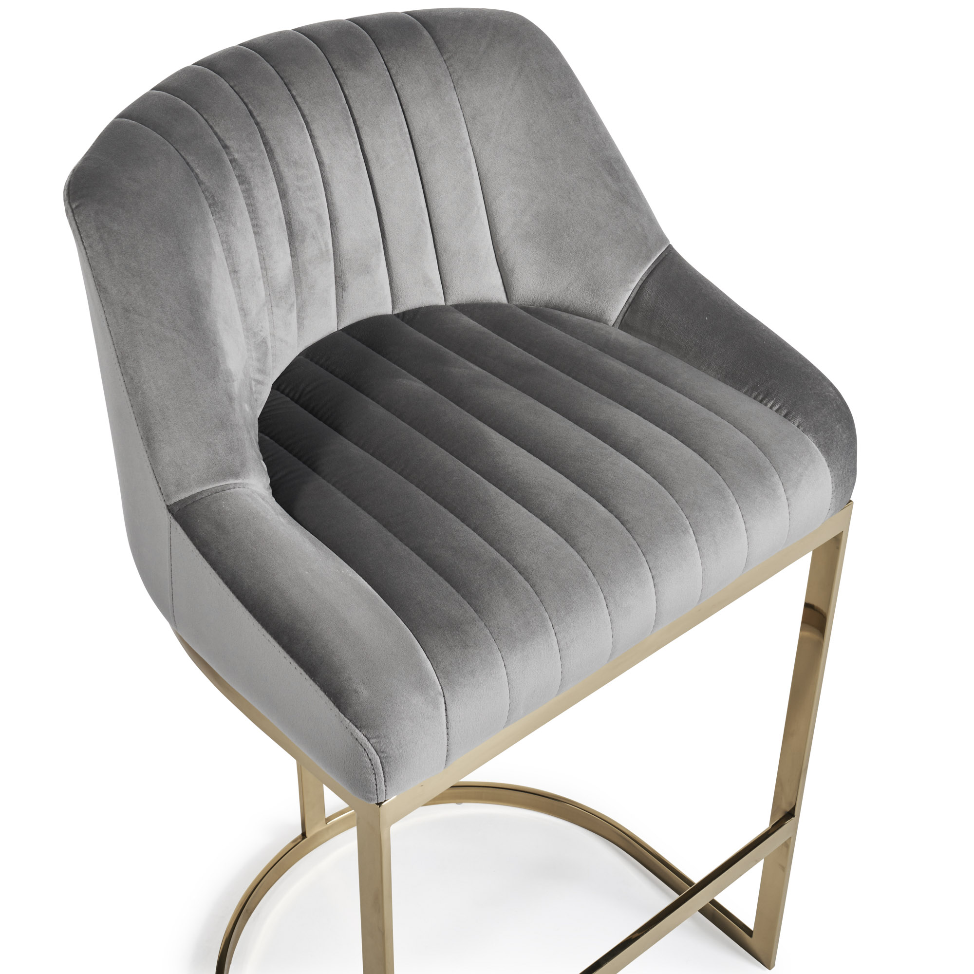 Barcelona Grey Velvet Kitchen Counter Stool with a Gold Stainless Steel Frame