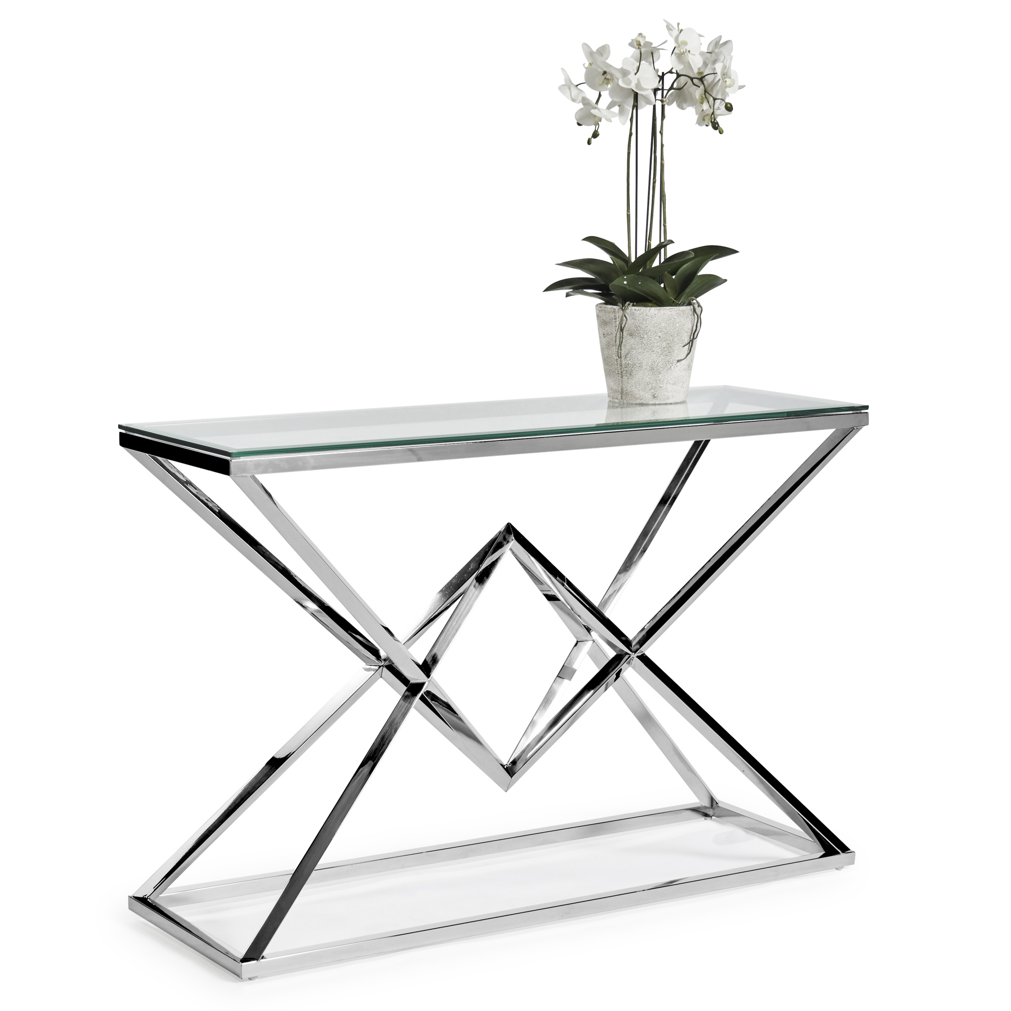 Small Glass Console Table With Polished Stainless Steel Pyramid Base