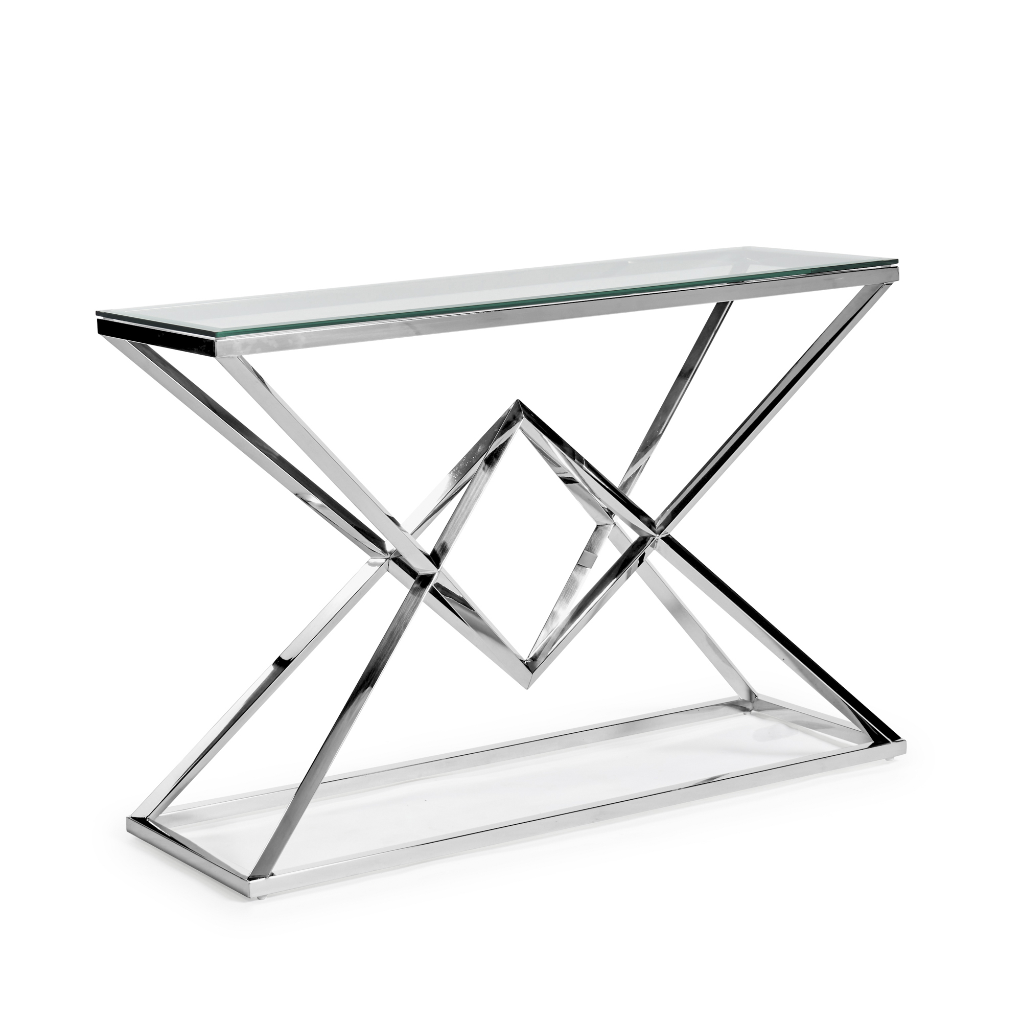 Small Glass Console Table With Polished Stainless Steel Pyramid Base