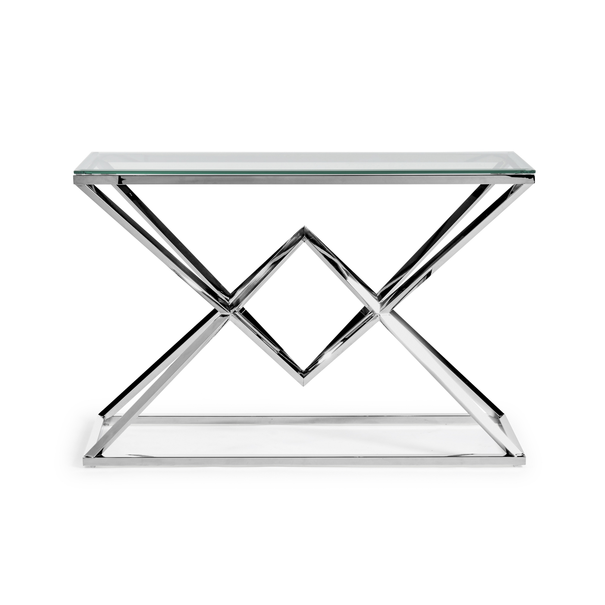 Small Glass Console Table With Polished Stainless Steel Pyramid Base