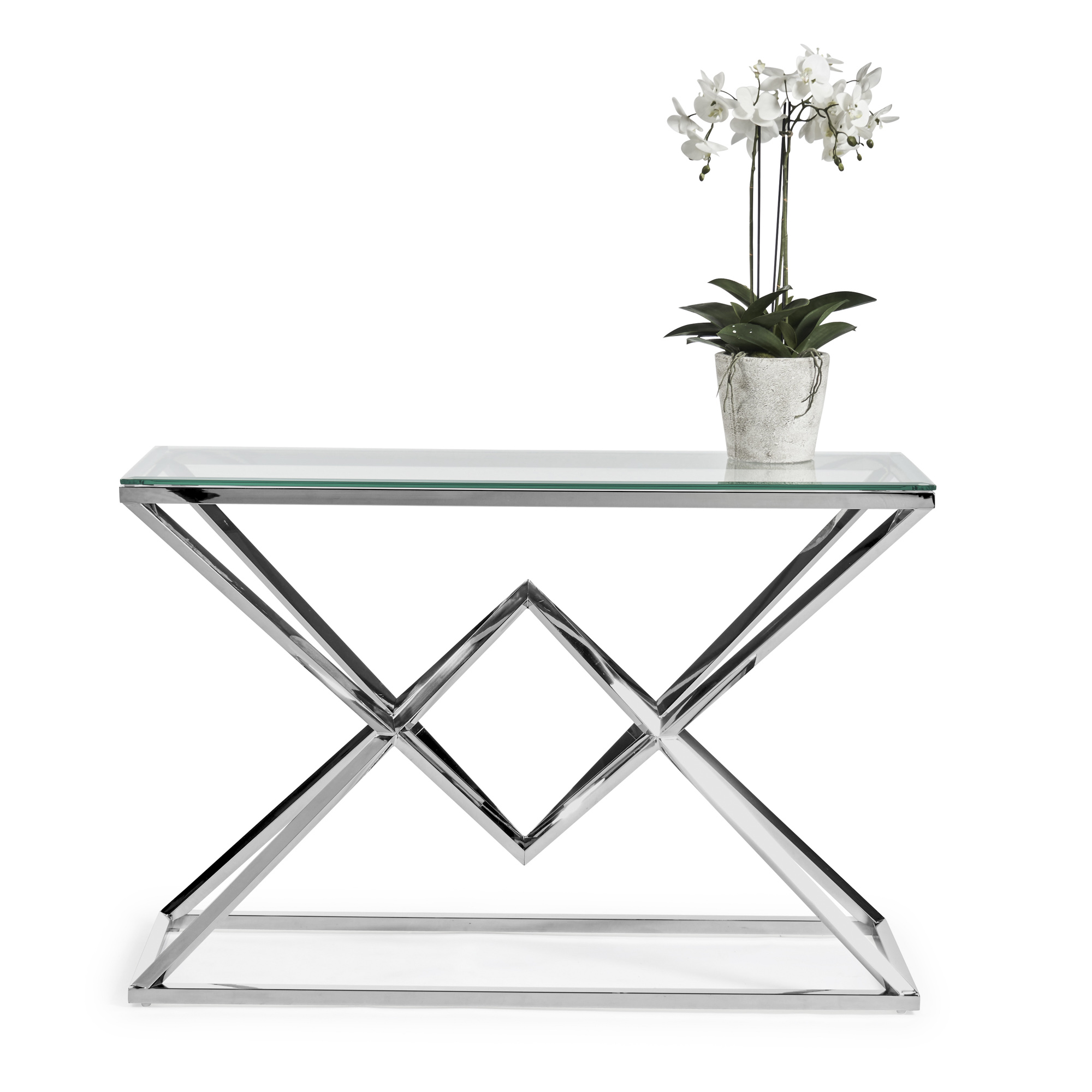 Small Glass Console Table With Polished Stainless Steel Pyramid Base