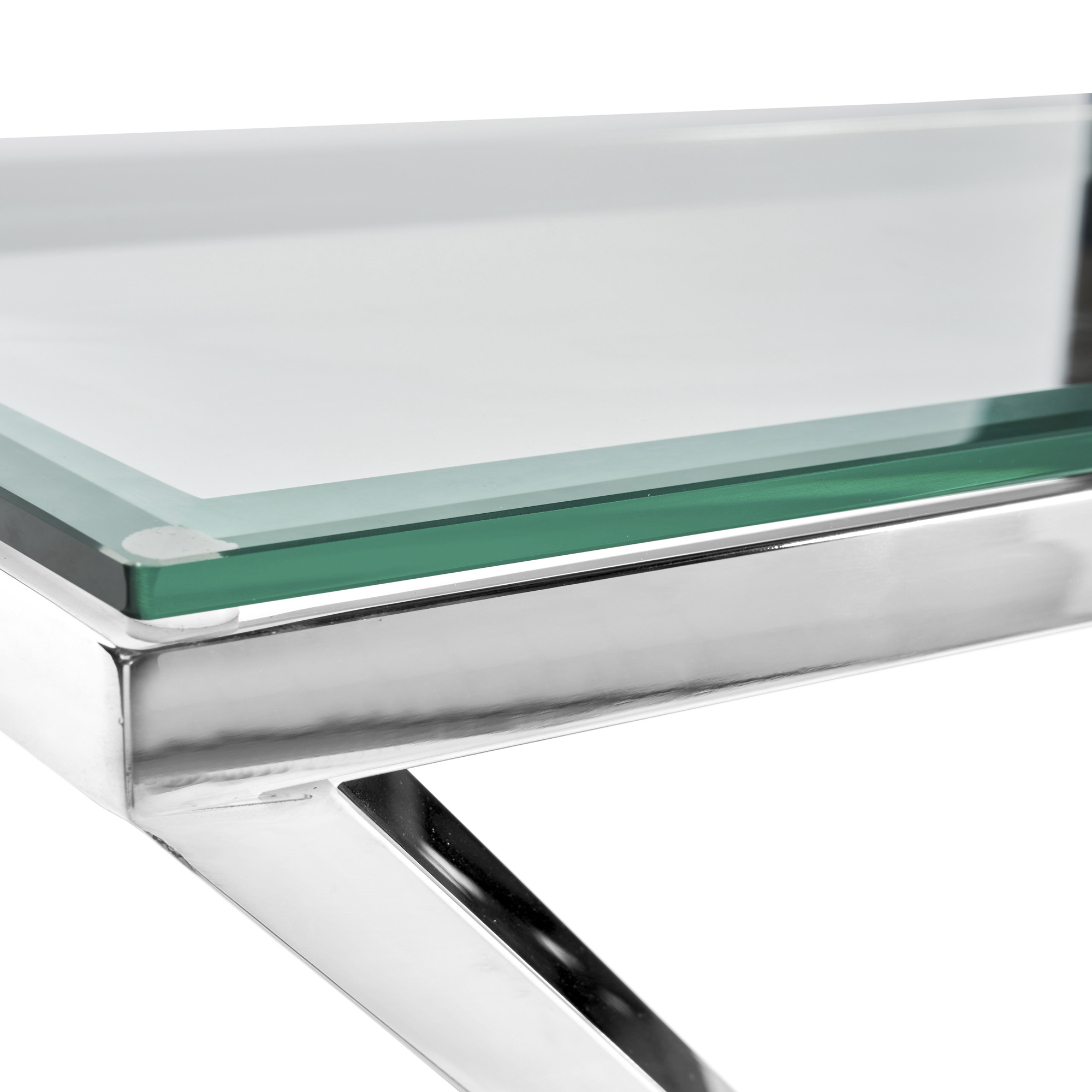 Small Glass Console Table With Polished Stainless Steel Pyramid Base