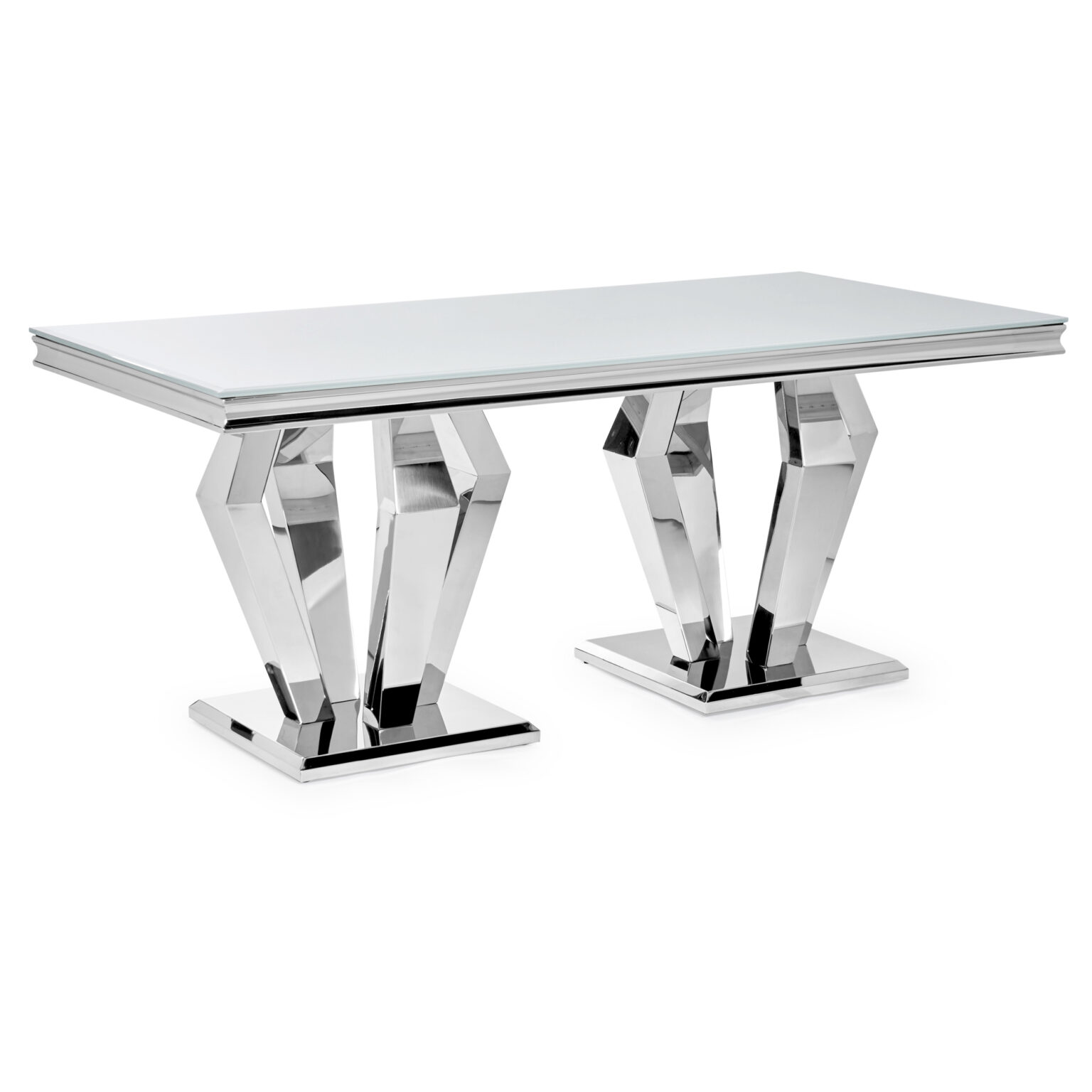 NEW 1.8m Sorrento White Glass & Polished Steel Dining Table Grosvenor