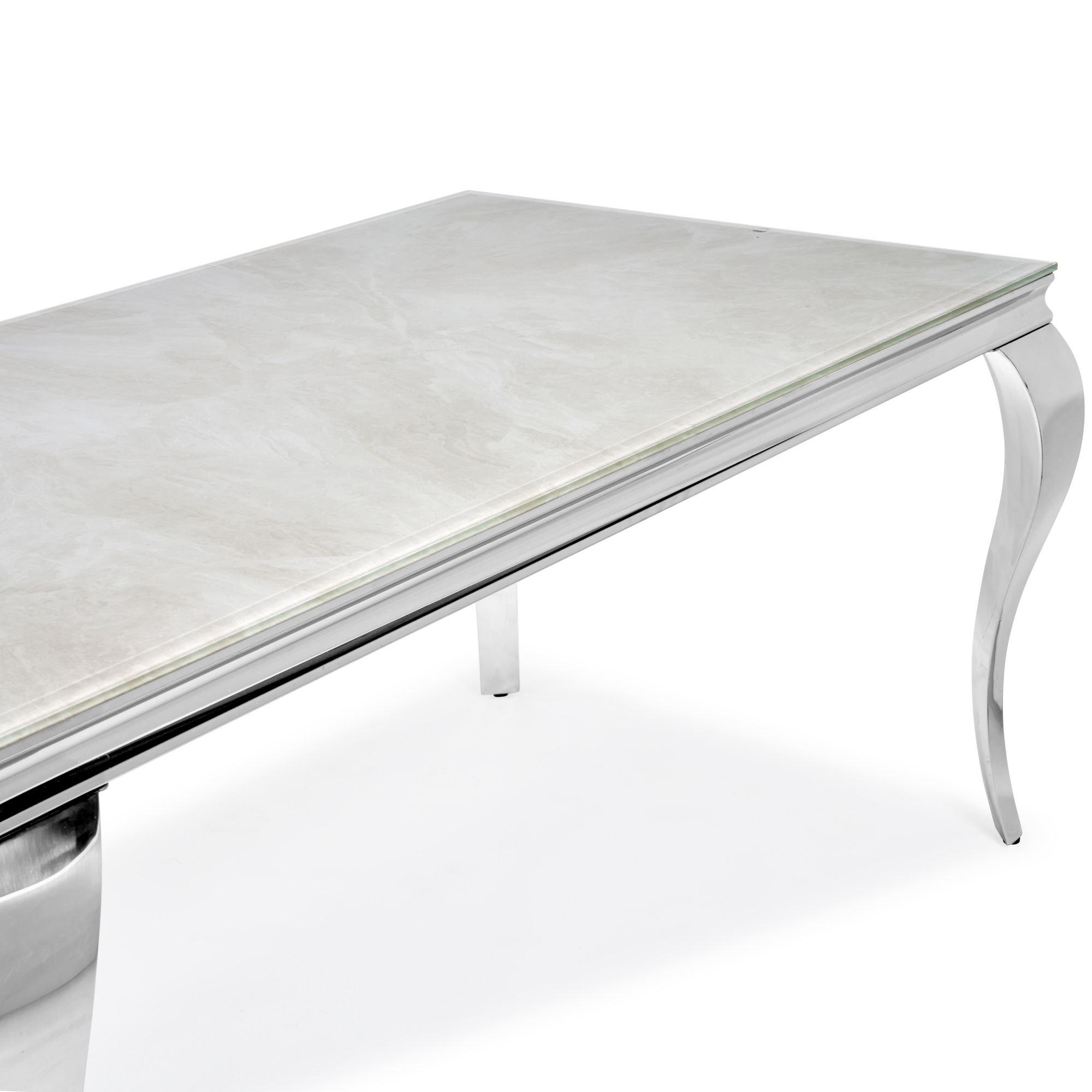 1.6m Louis Polished Stainless Steel Dining Table with Cream Marble Effect Tempered Glass