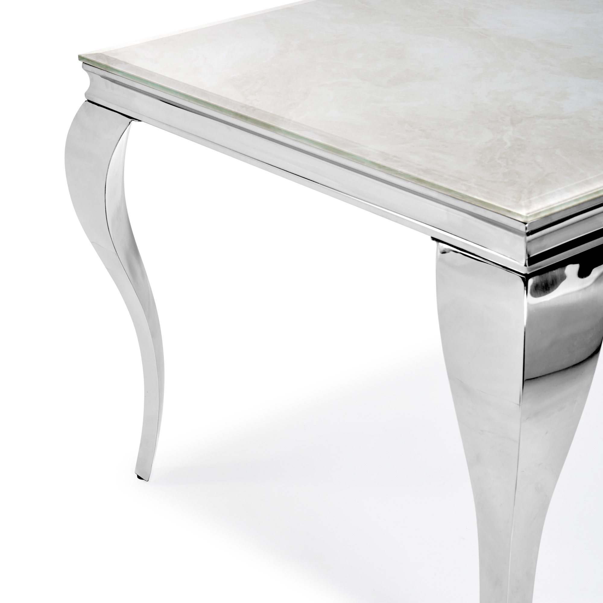 1.6m Louis Polished Stainless Steel Dining Table with Cream Marble Effect Tempered Glass