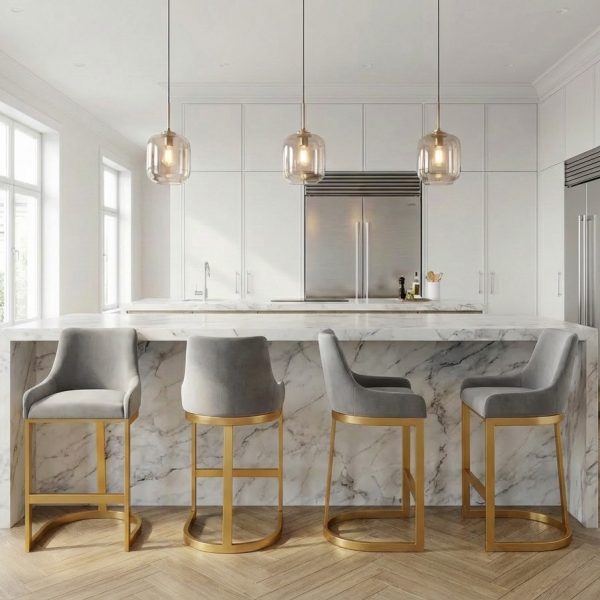 Clara Grey Velvet Counter Stool with a Gold Stainless Steel Frame