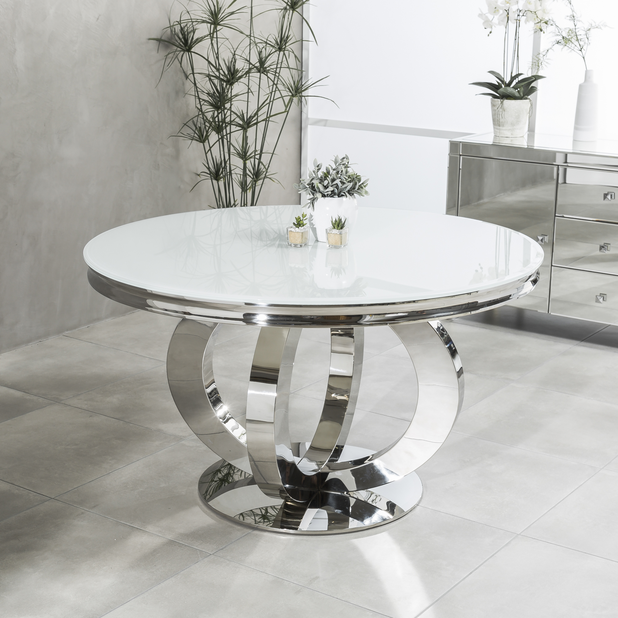 1.3m Round Glass Dining Table in White With Polished Steel Base